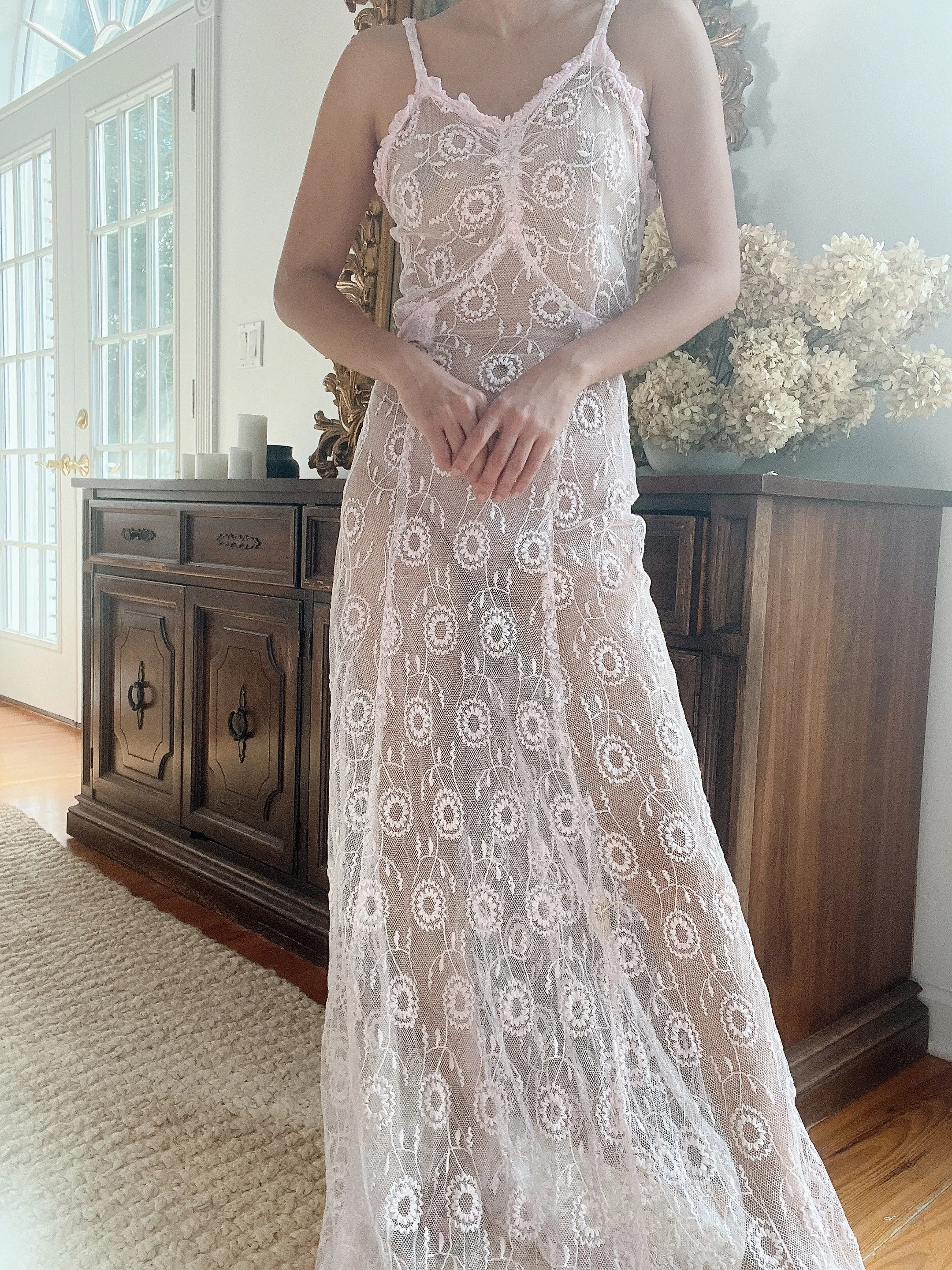 1930s Link Pink Embroidered Needle Lace Dress - XS