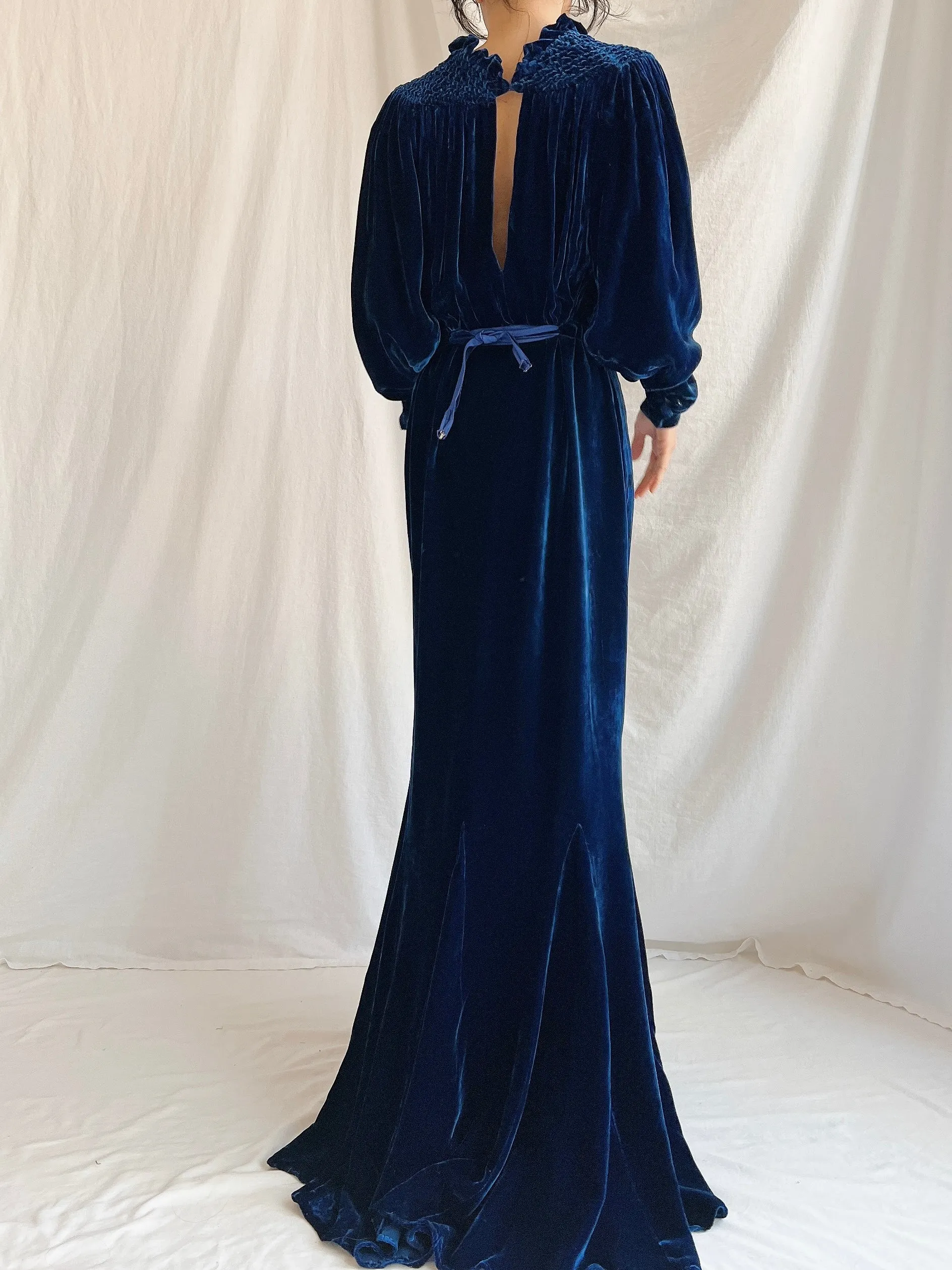 1930s Sapphire Silk Velvet Gown - M