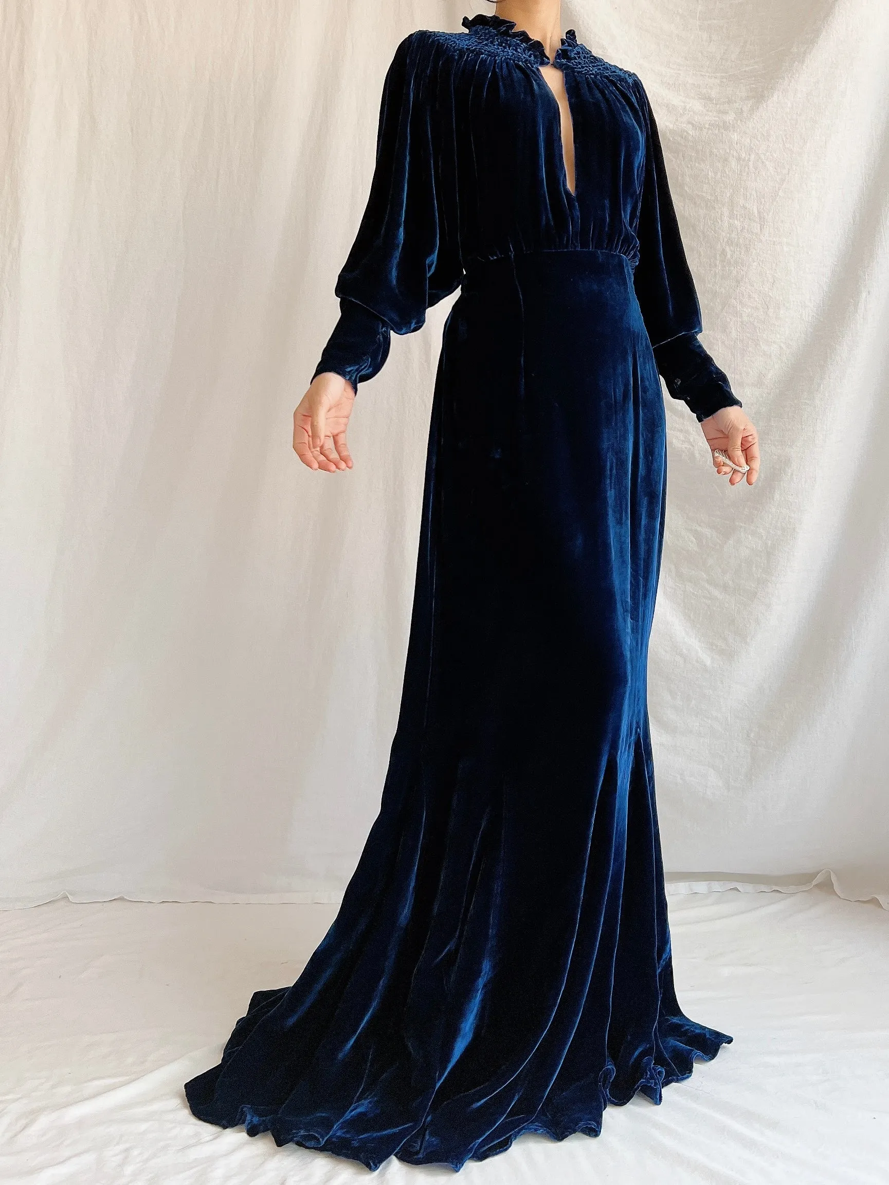 1930s Sapphire Silk Velvet Gown - M