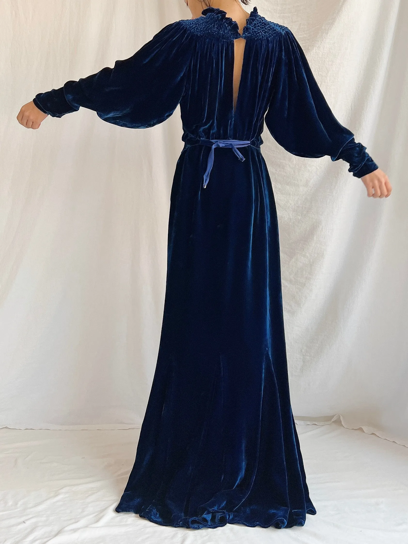 1930s Sapphire Silk Velvet Gown - M