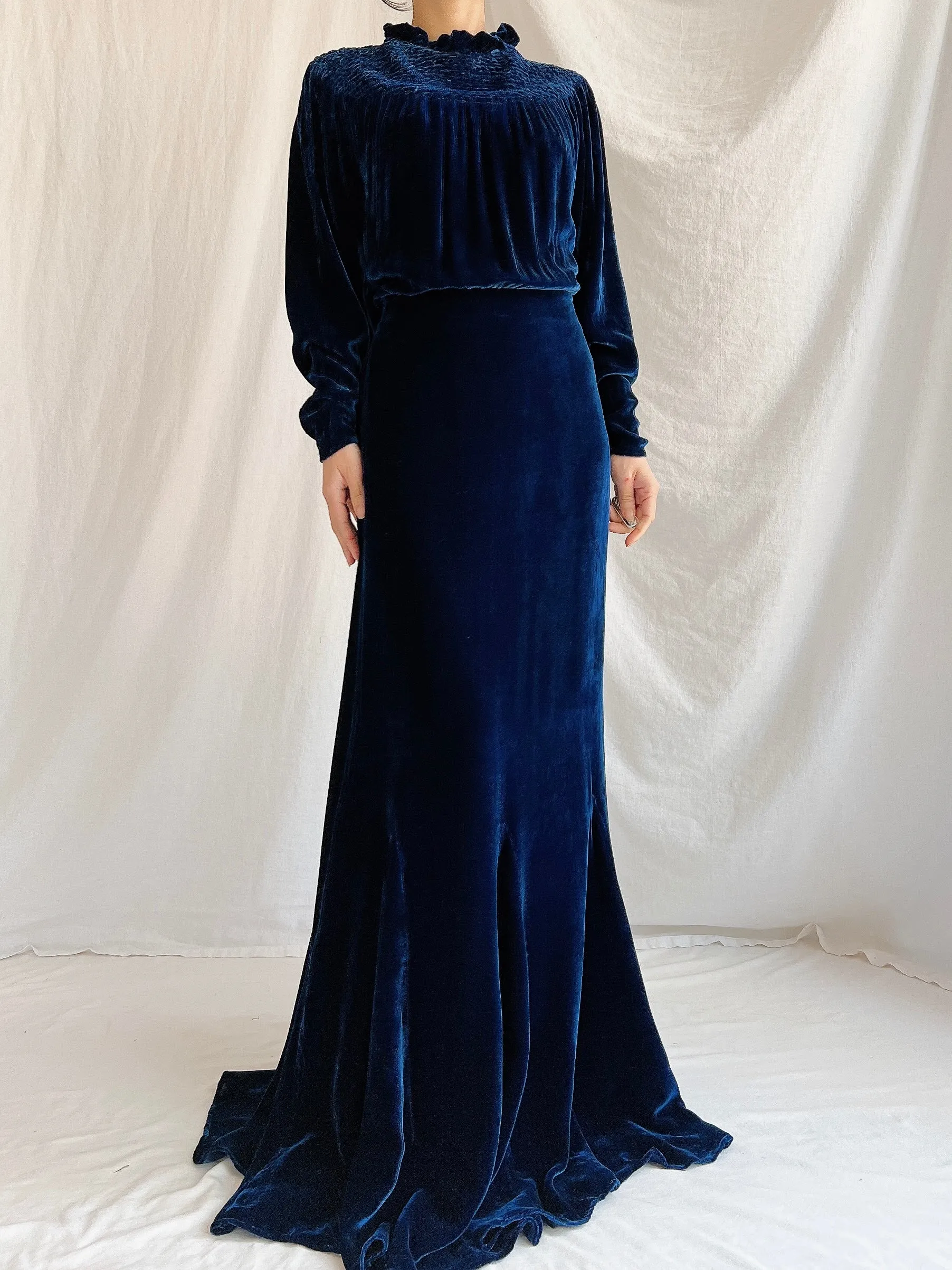 1930s Sapphire Silk Velvet Gown - M