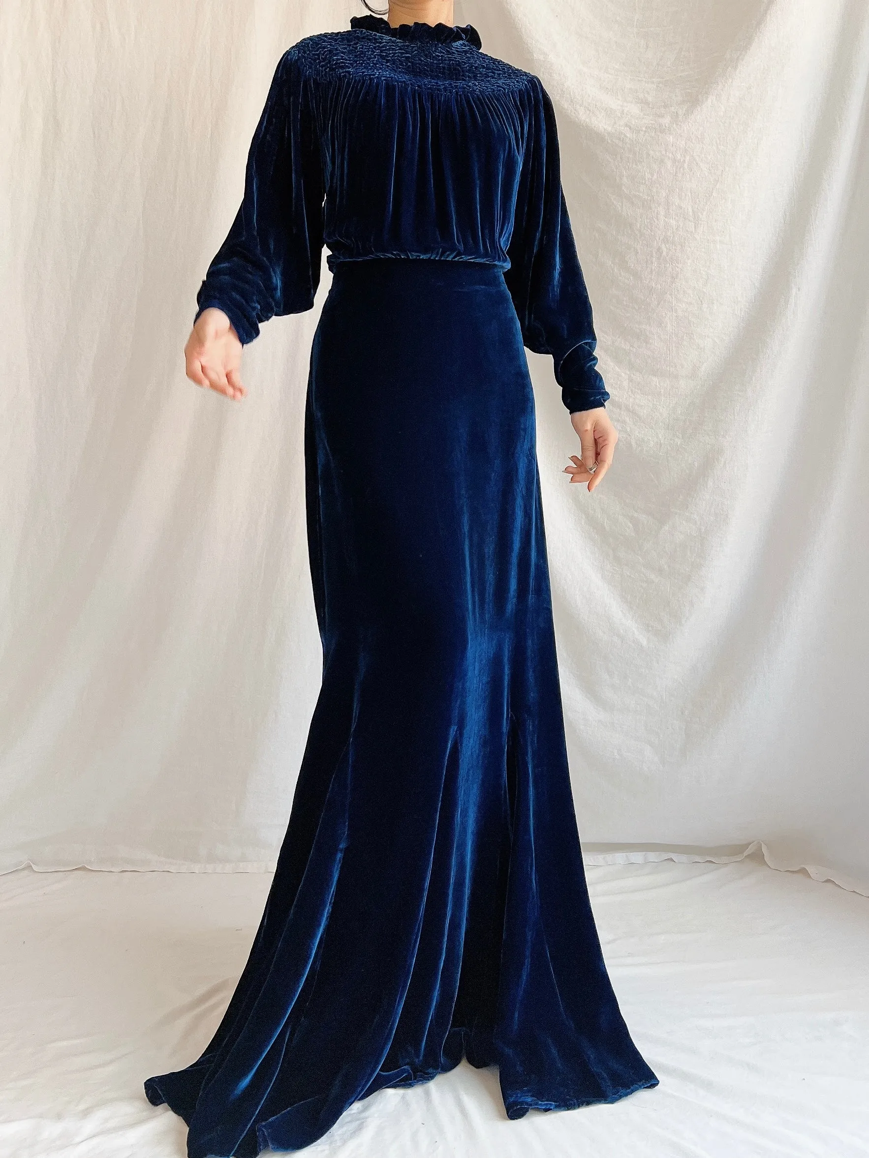 1930s Sapphire Silk Velvet Gown - M