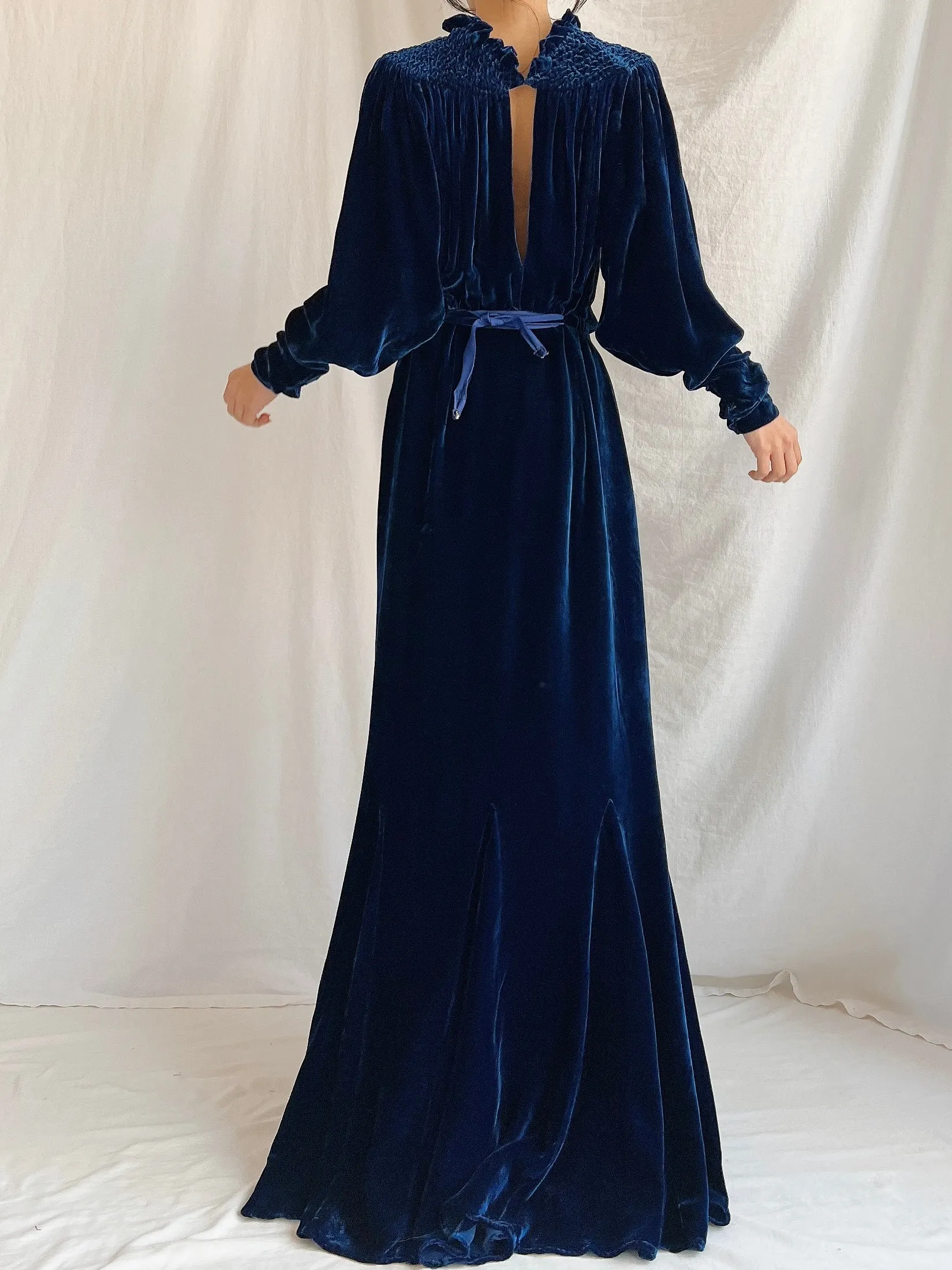 1930s Sapphire Silk Velvet Gown - M