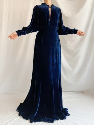 1930s Sapphire Silk Velvet Gown - M