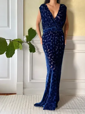 1930s Sapphire Silk Velvet Gown - S/M