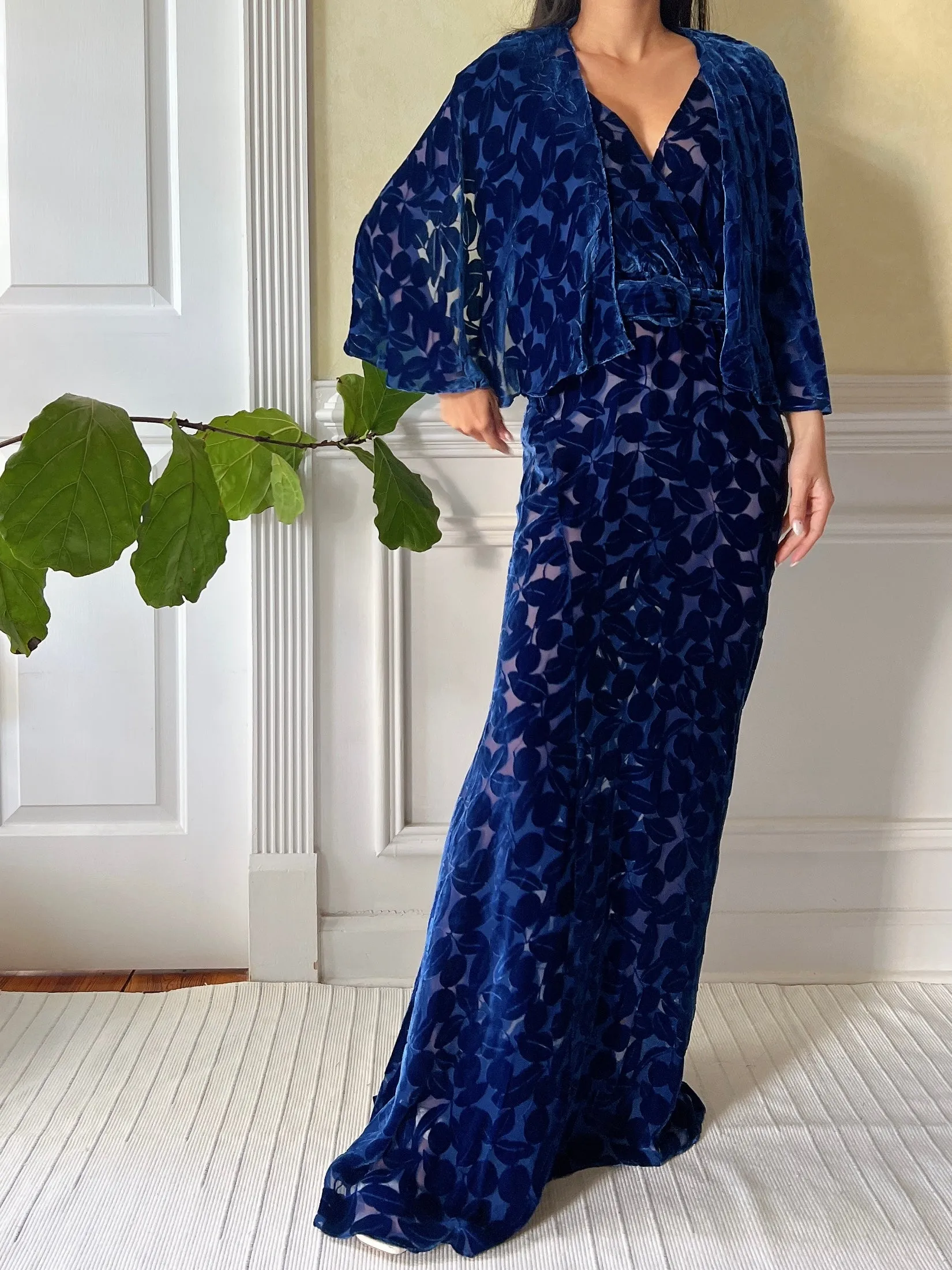 1930s Sapphire Silk Velvet Gown - S/M