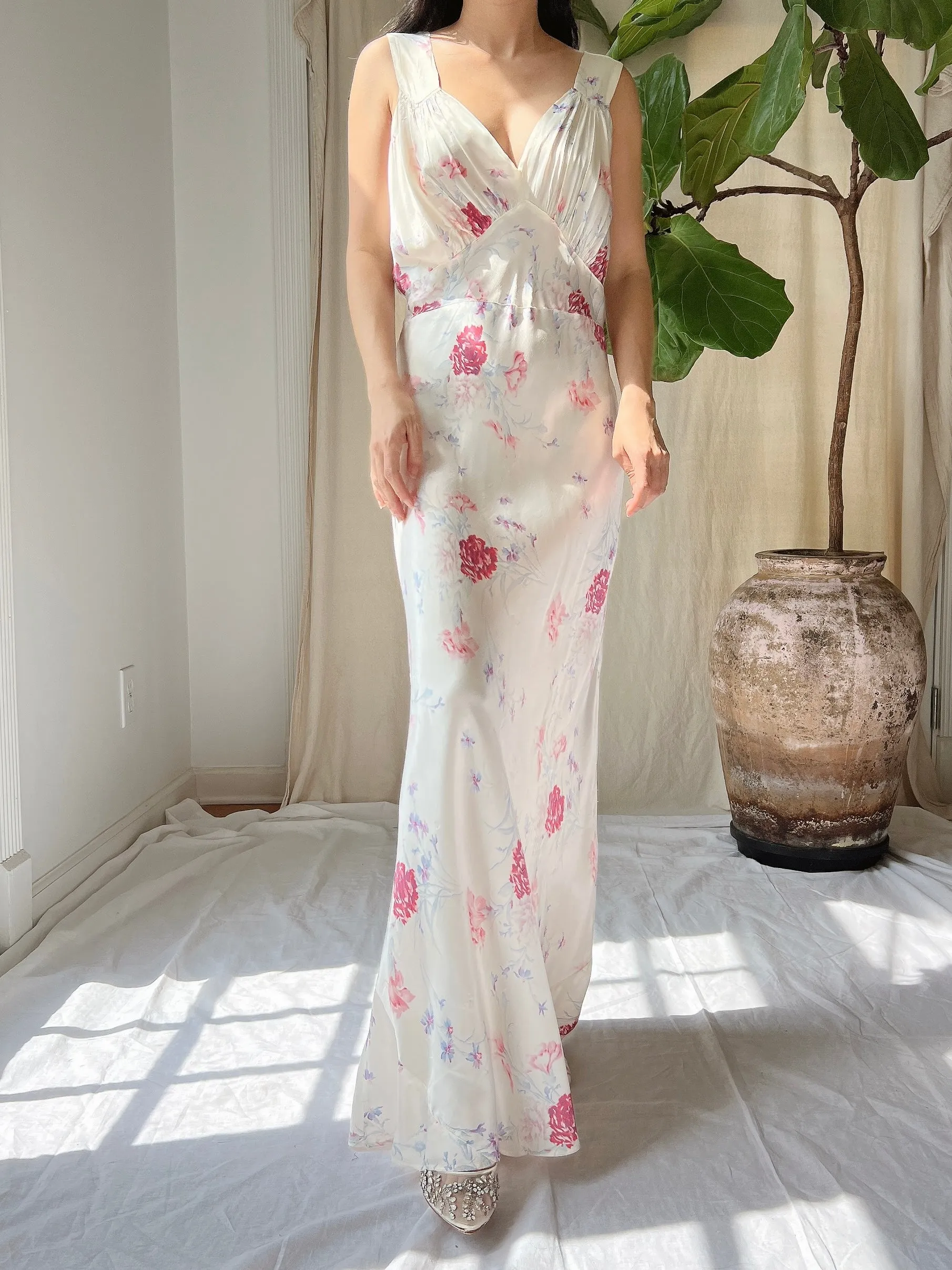 1930s Satin Floral Dress - S/M