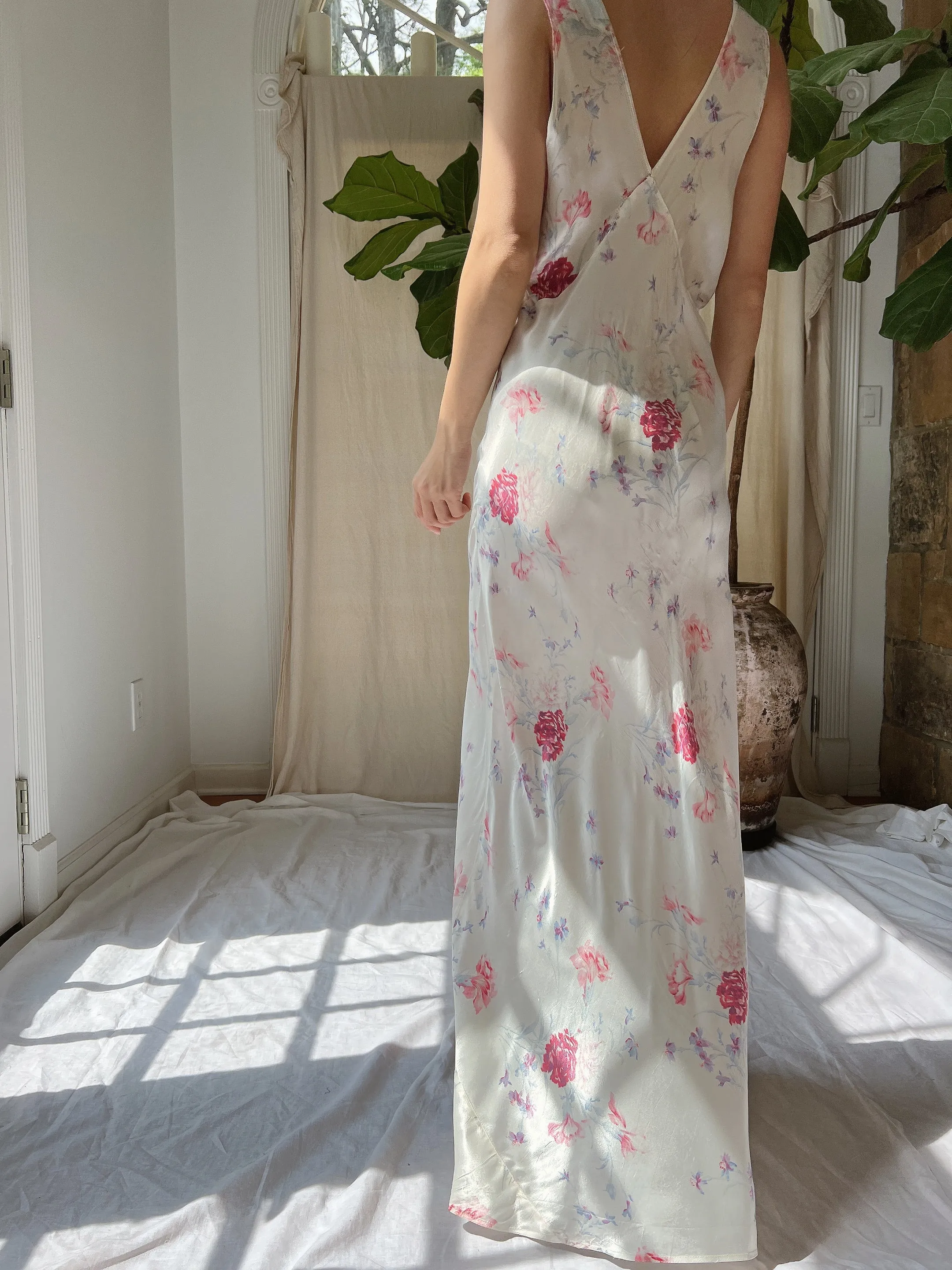 1930s Satin Floral Dress - S/M