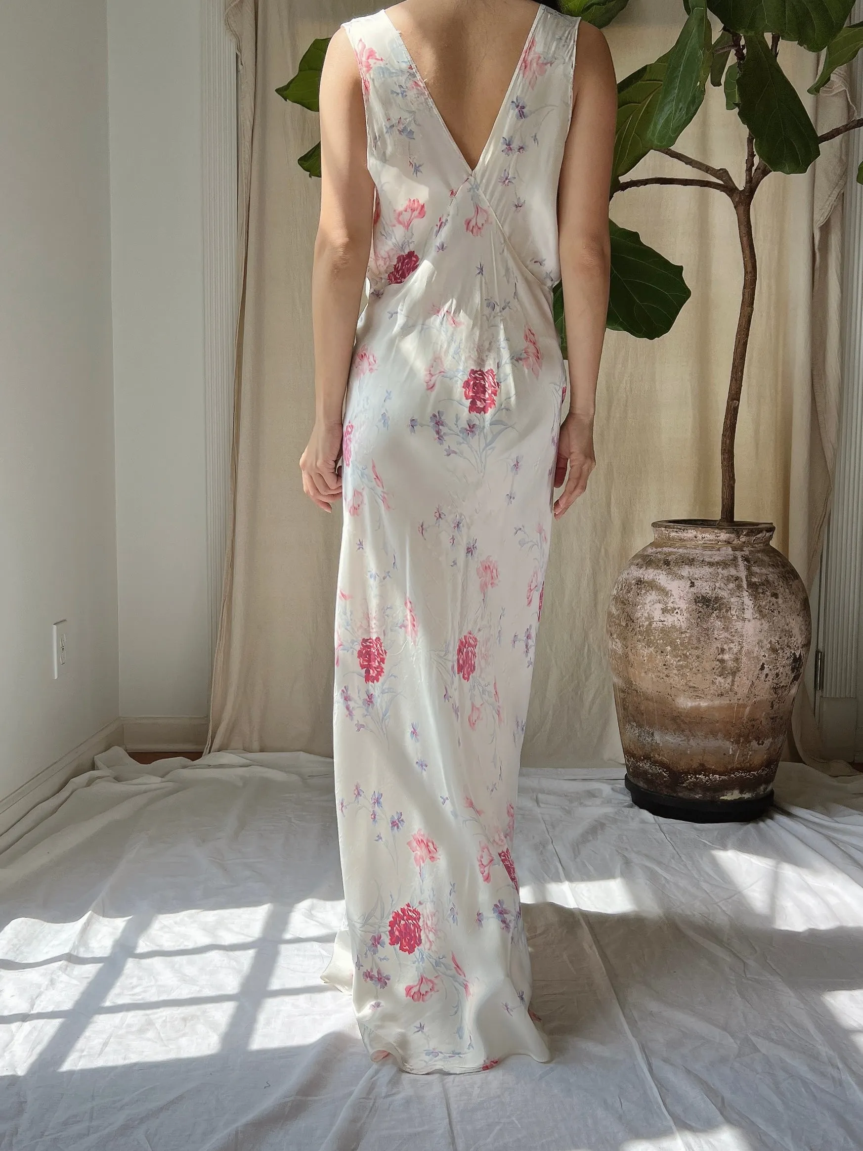 1930s Satin Floral Dress - S/M