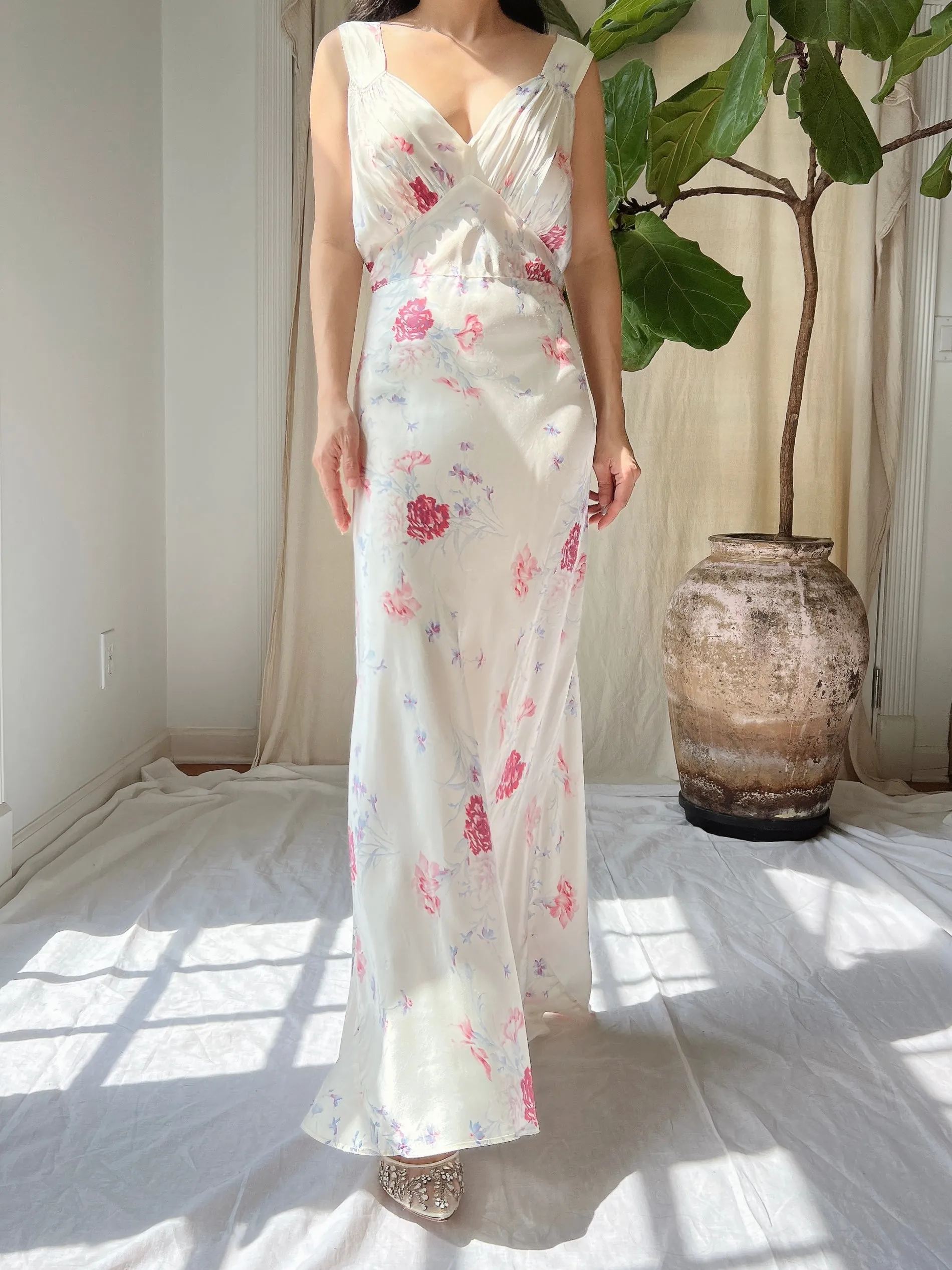 1930s Satin Floral Dress - S/M