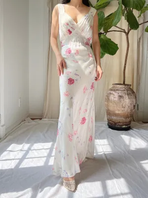 1930s Satin Floral Dress - S/M