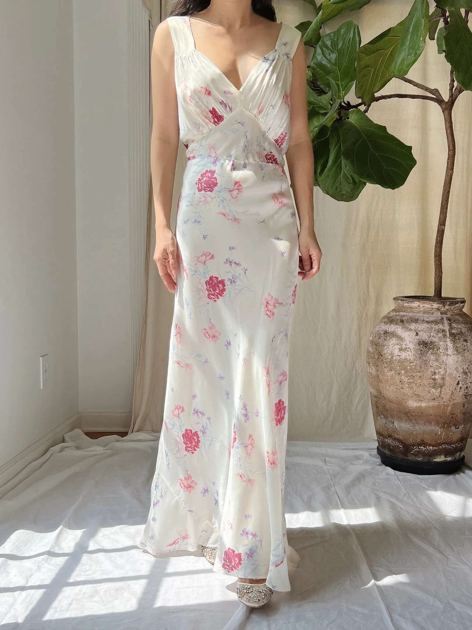 1930s Satin Floral Dress - S/M