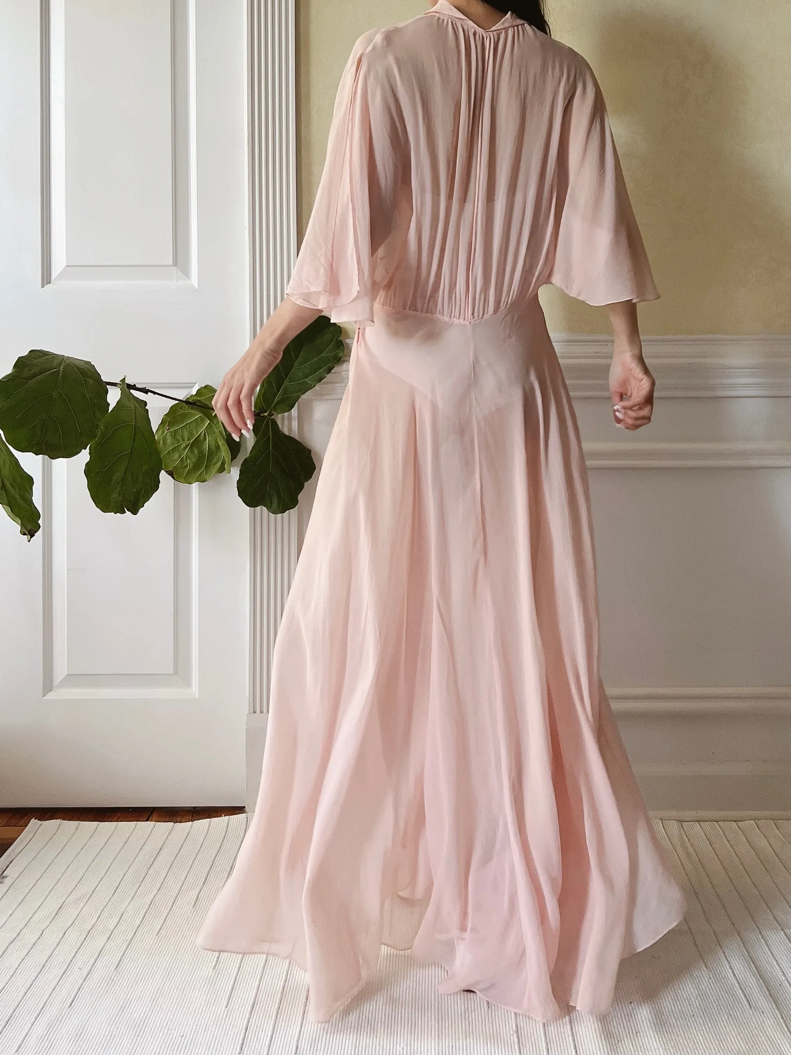 1930s Silk Chiffon Flutter Sleeve Dress - M