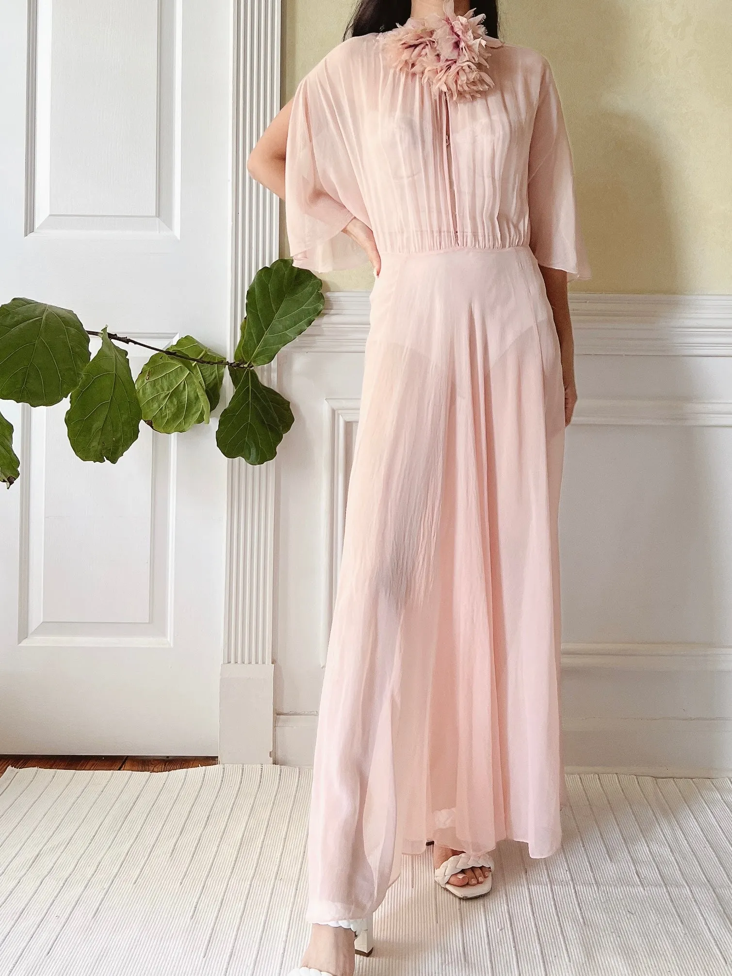 1930s Silk Chiffon Flutter Sleeve Dress - M