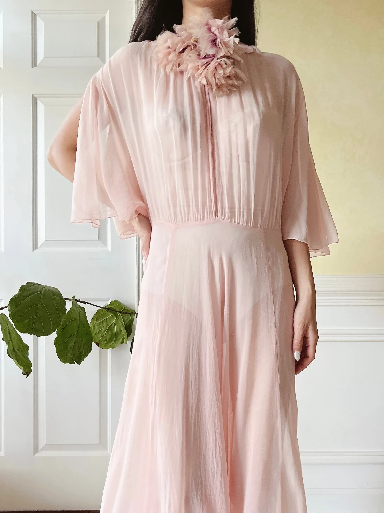 1930s Silk Chiffon Flutter Sleeve Dress - M