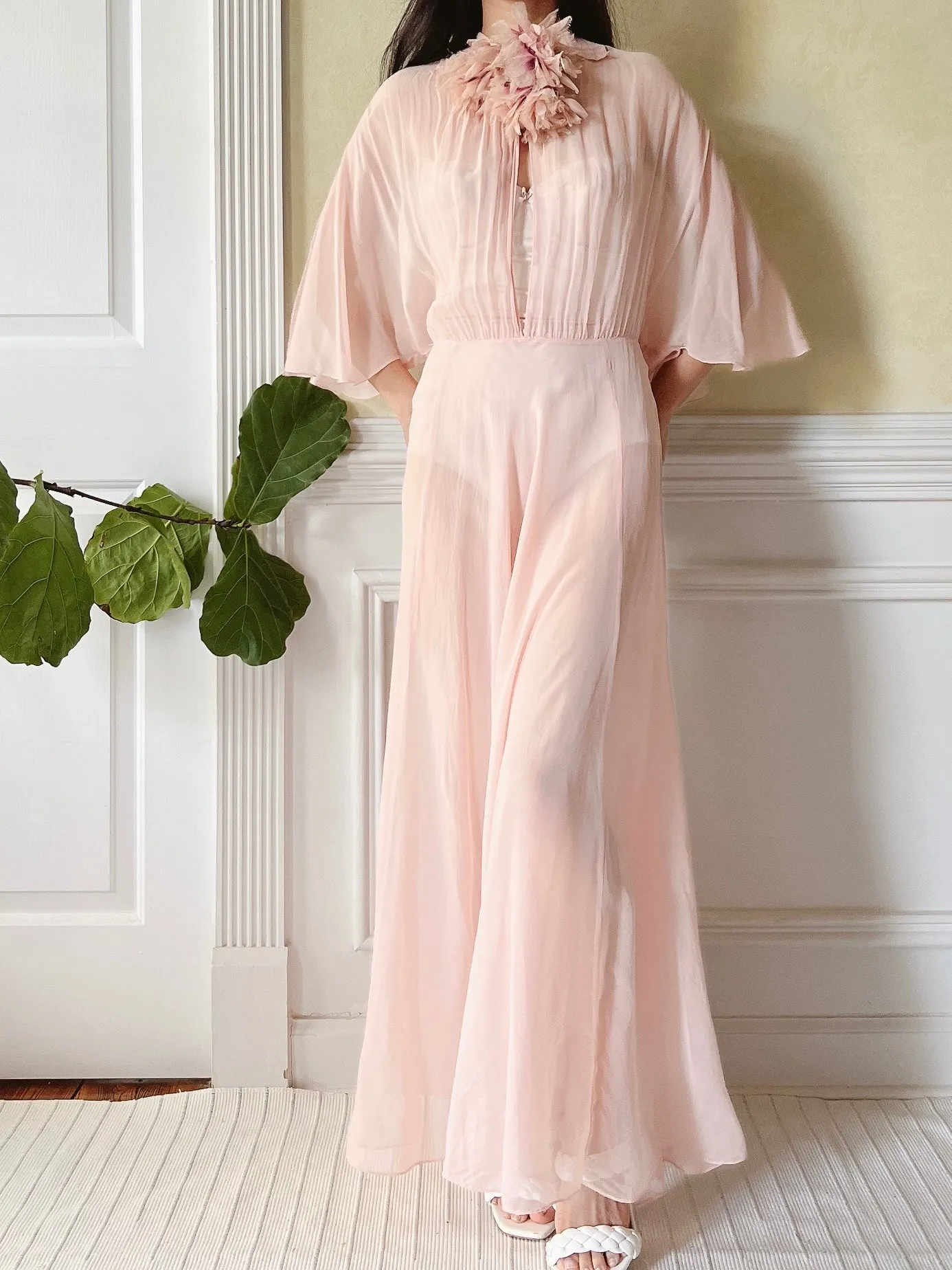 1930s Silk Chiffon Flutter Sleeve Dress - M