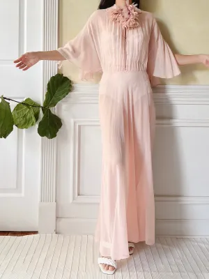 1930s Silk Chiffon Flutter Sleeve Dress - M