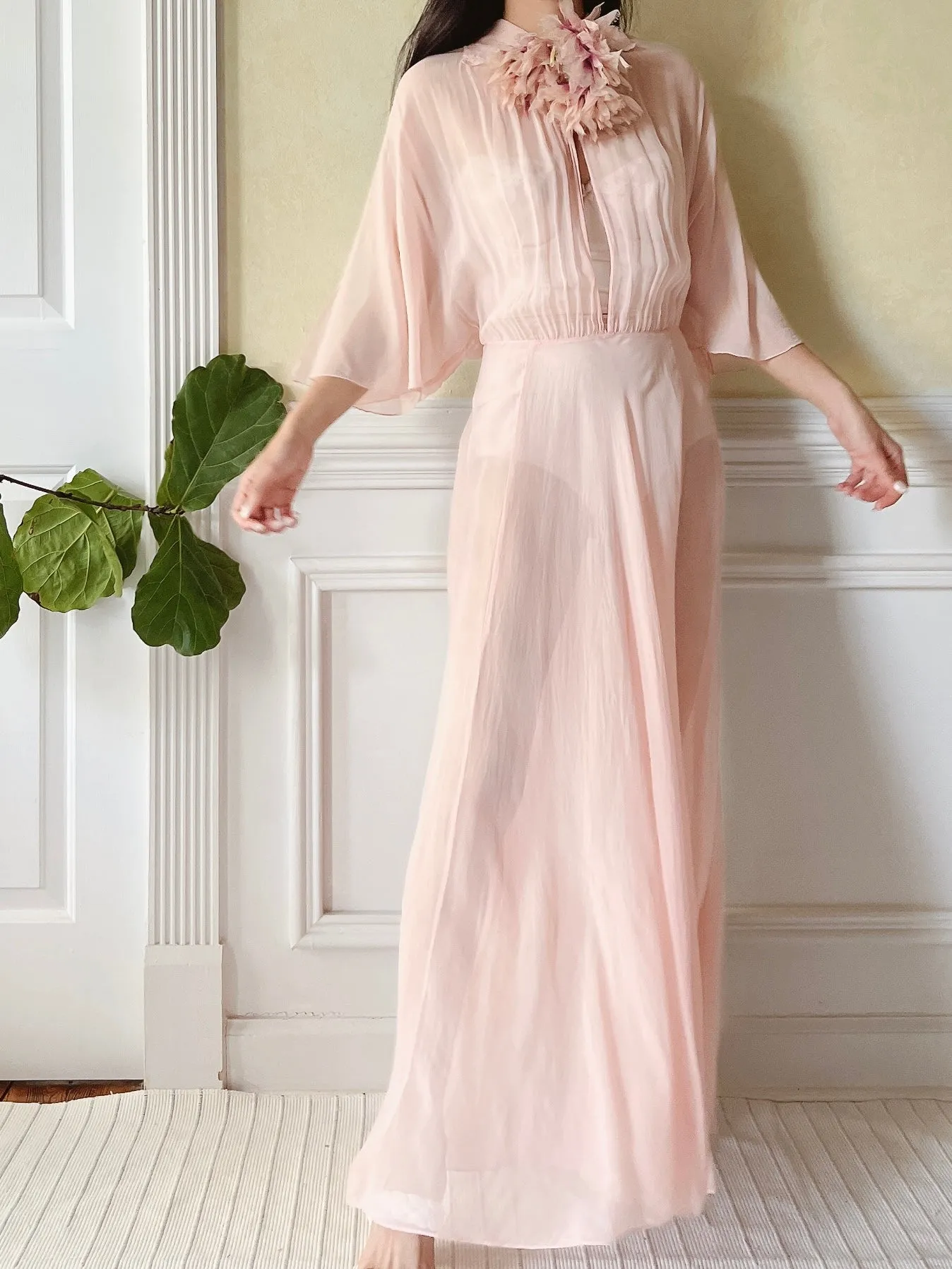 1930s Silk Chiffon Flutter Sleeve Dress - M