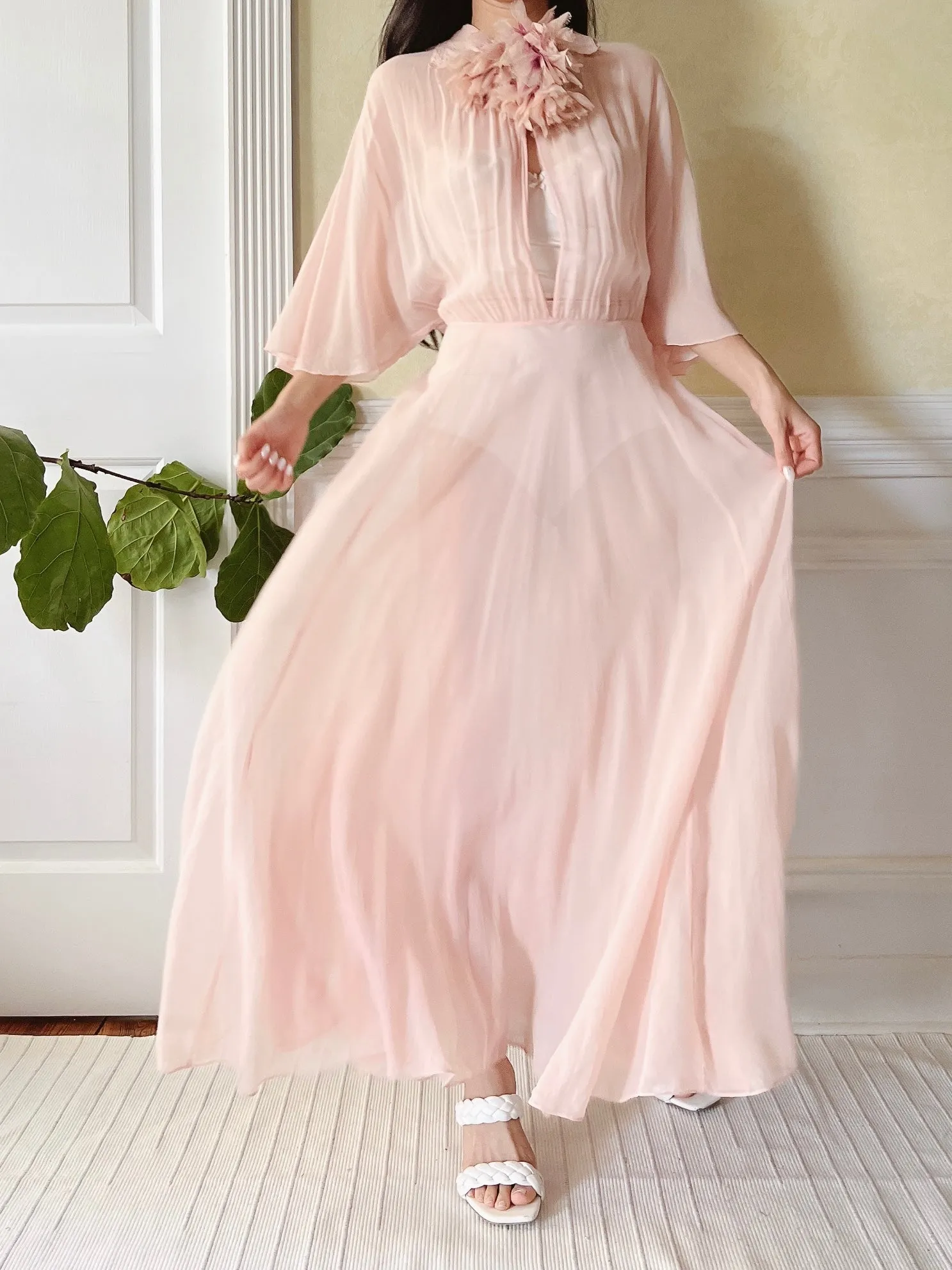 1930s Silk Chiffon Flutter Sleeve Dress - M