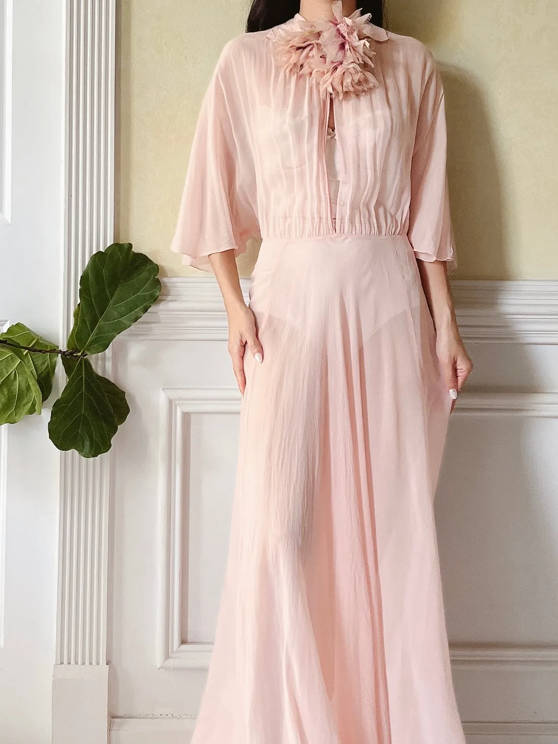 1930s Silk Chiffon Flutter Sleeve Dress - M