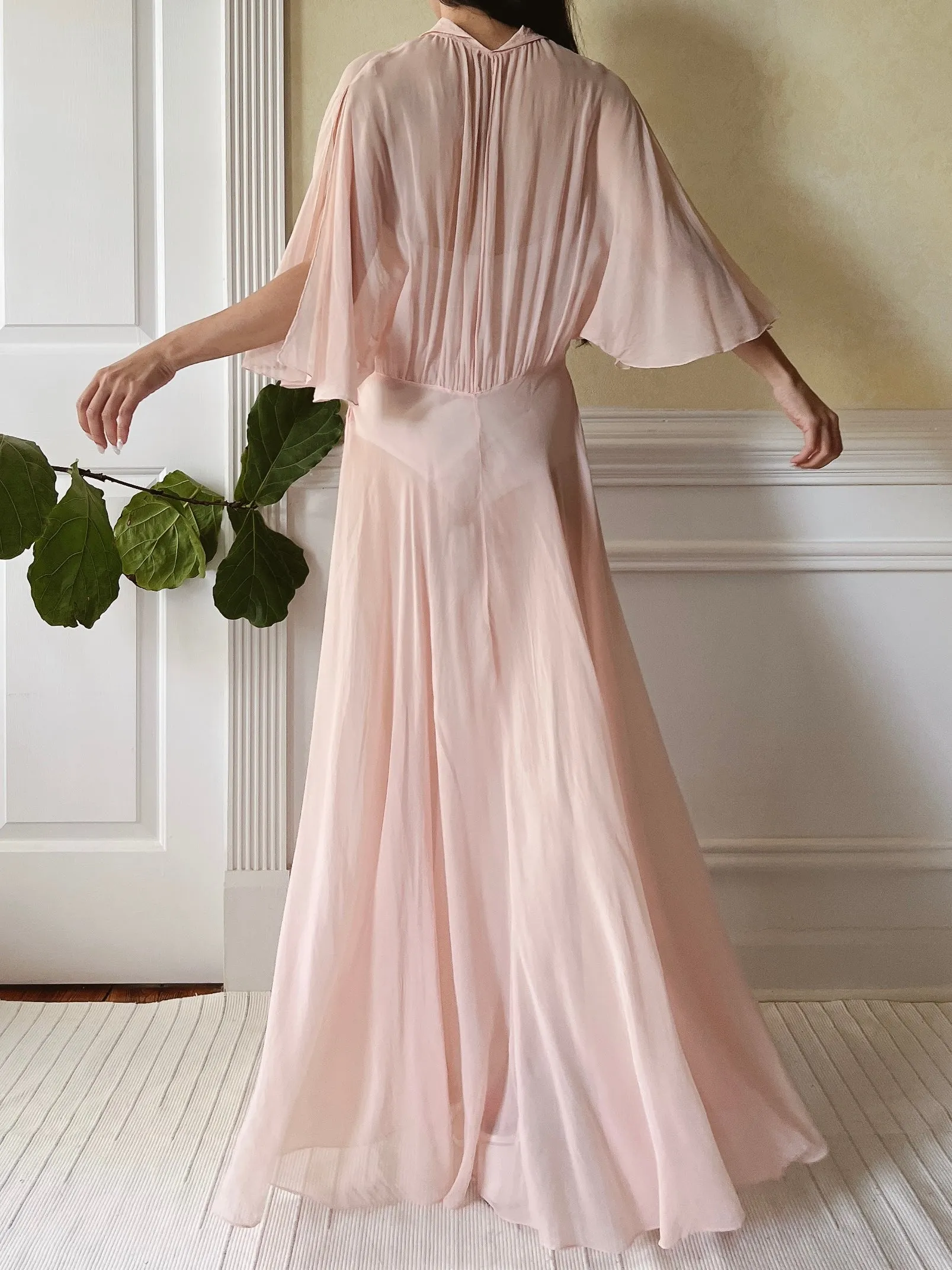 1930s Silk Chiffon Flutter Sleeve Dress - M