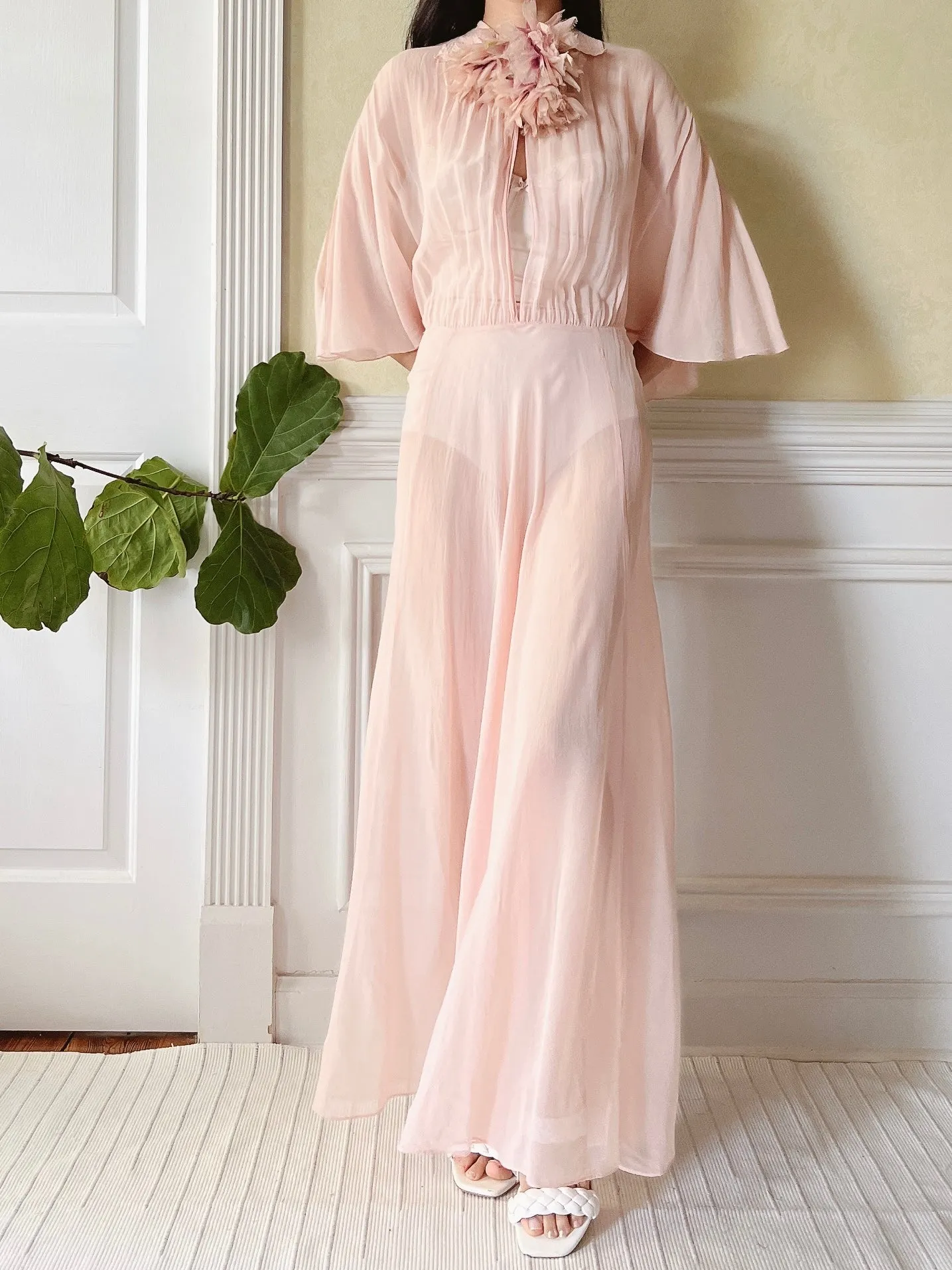 1930s Silk Chiffon Flutter Sleeve Dress - M