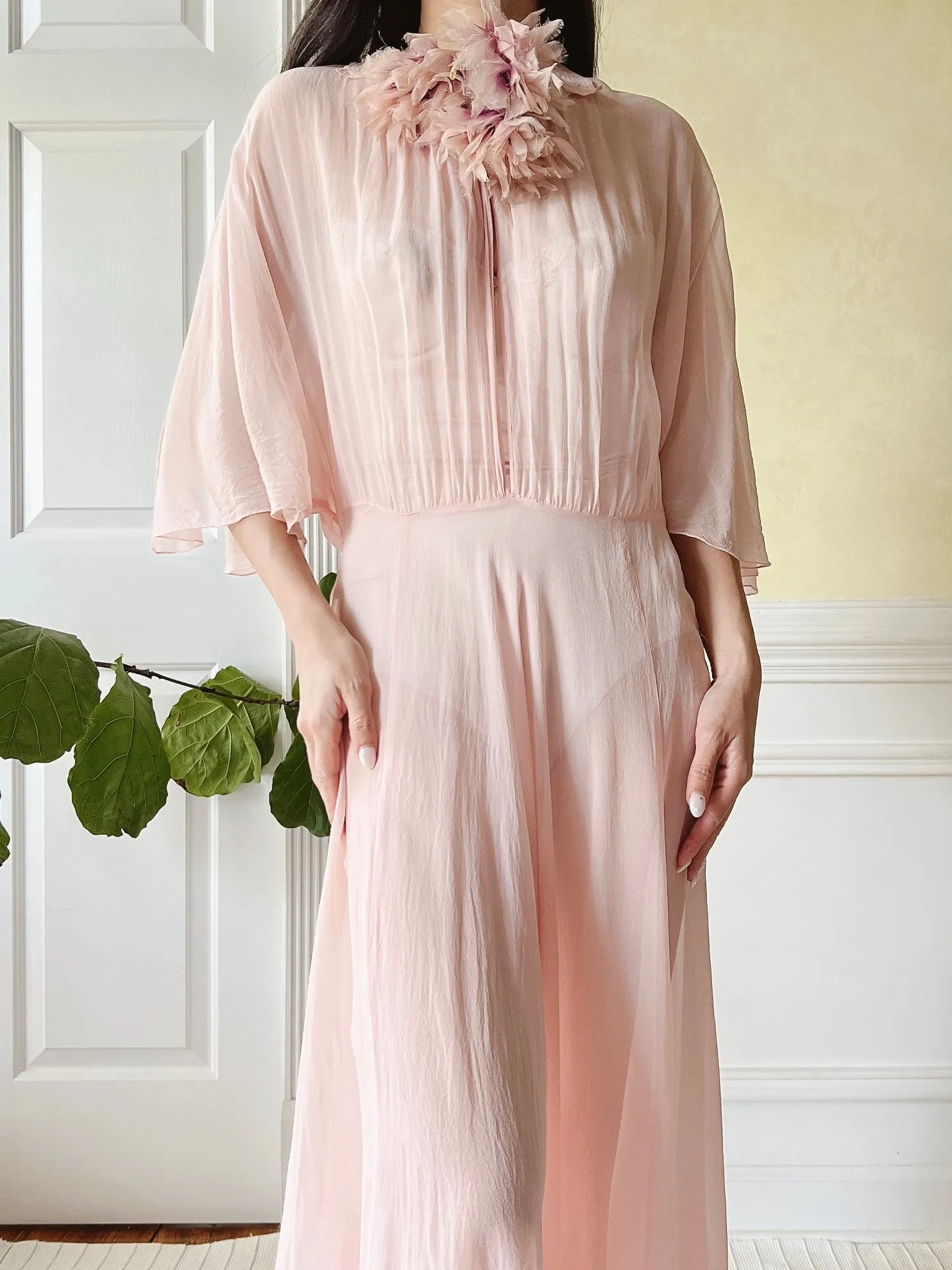 1930s Silk Chiffon Flutter Sleeve Dress - M