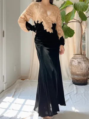 1930s Silk Velvet and Lace Gown - M