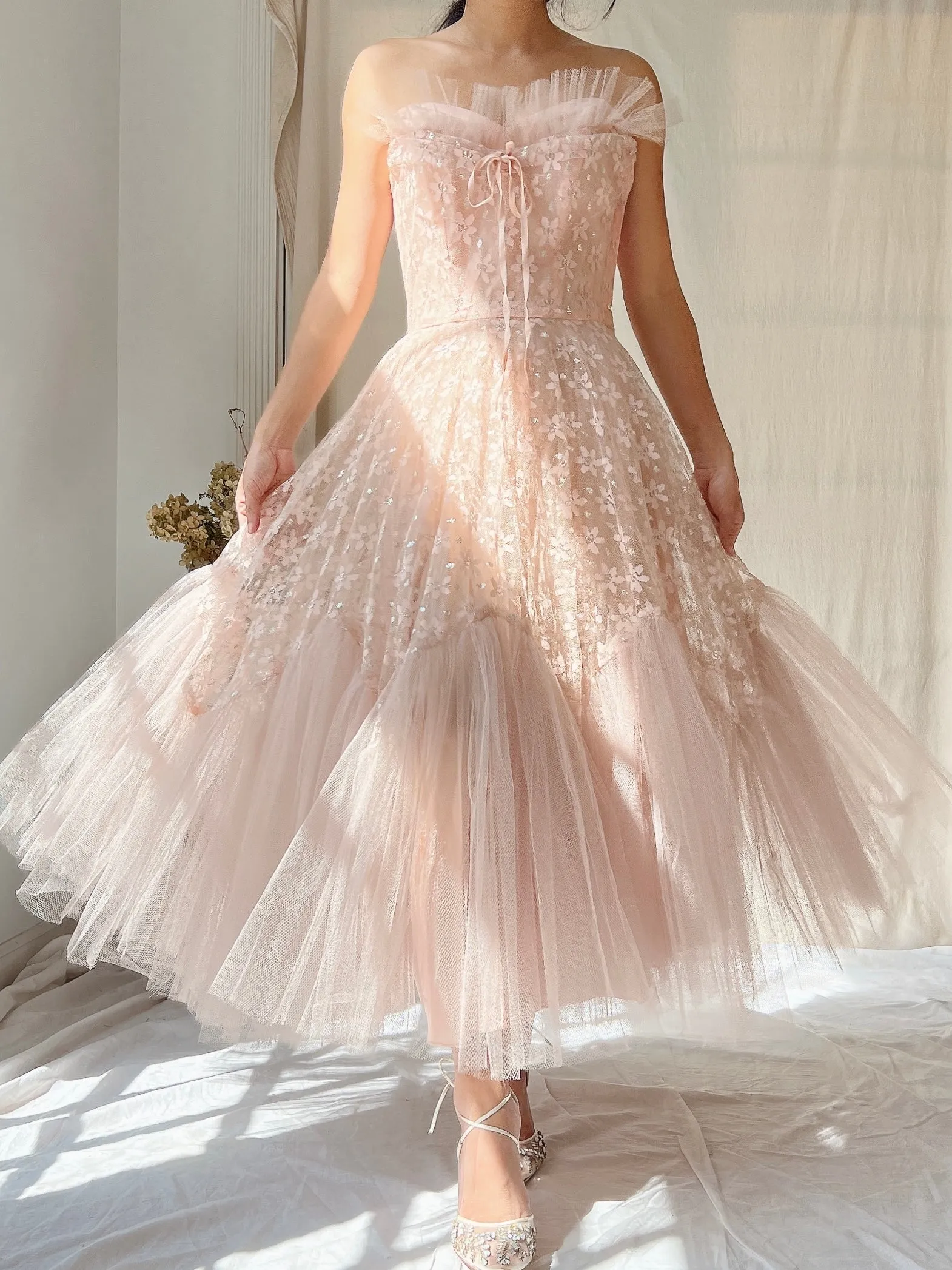 1950s Dusty Pink Tulle and Lace Dress - XS