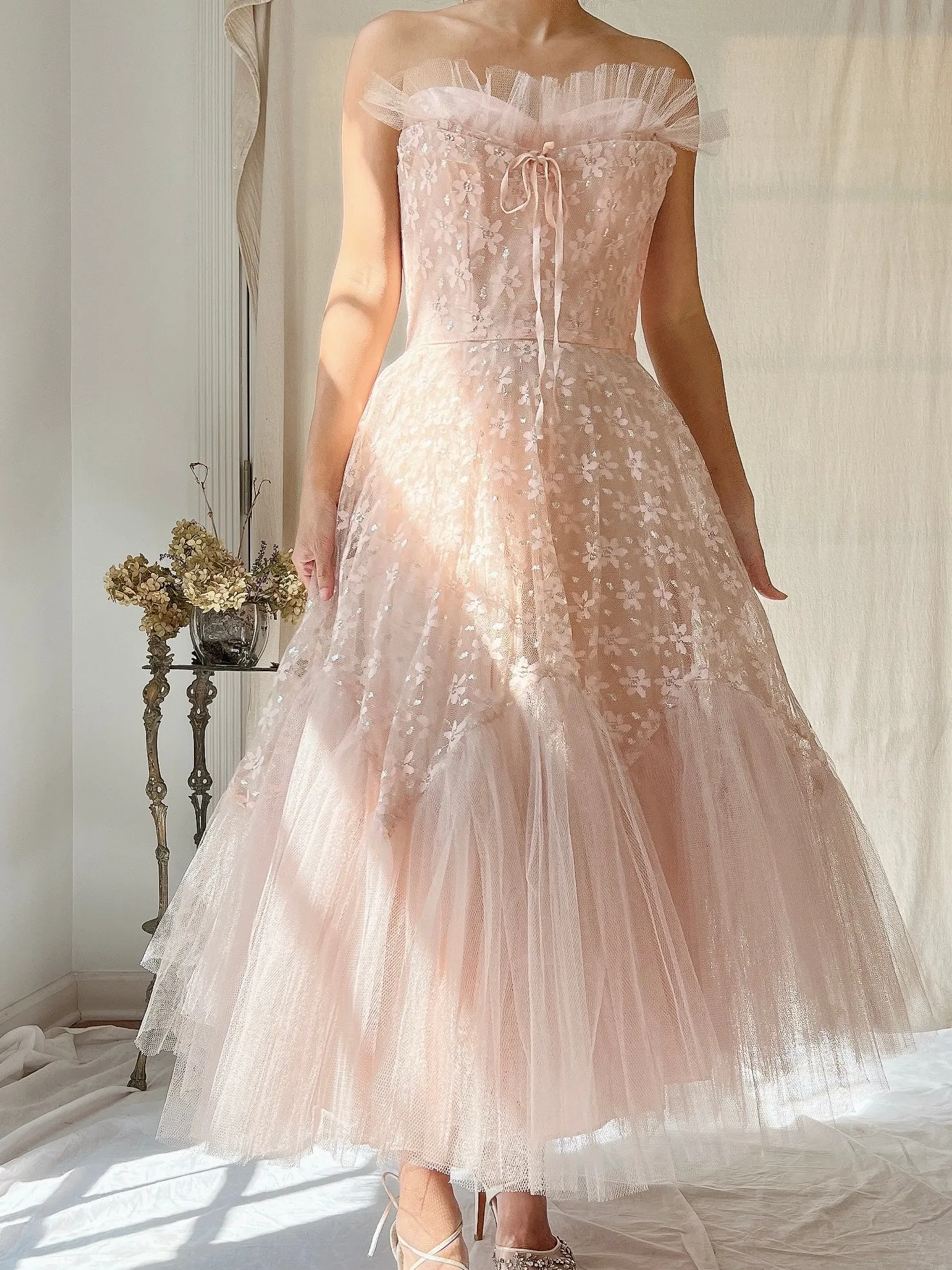 1950s Dusty Pink Tulle and Lace Dress - XS