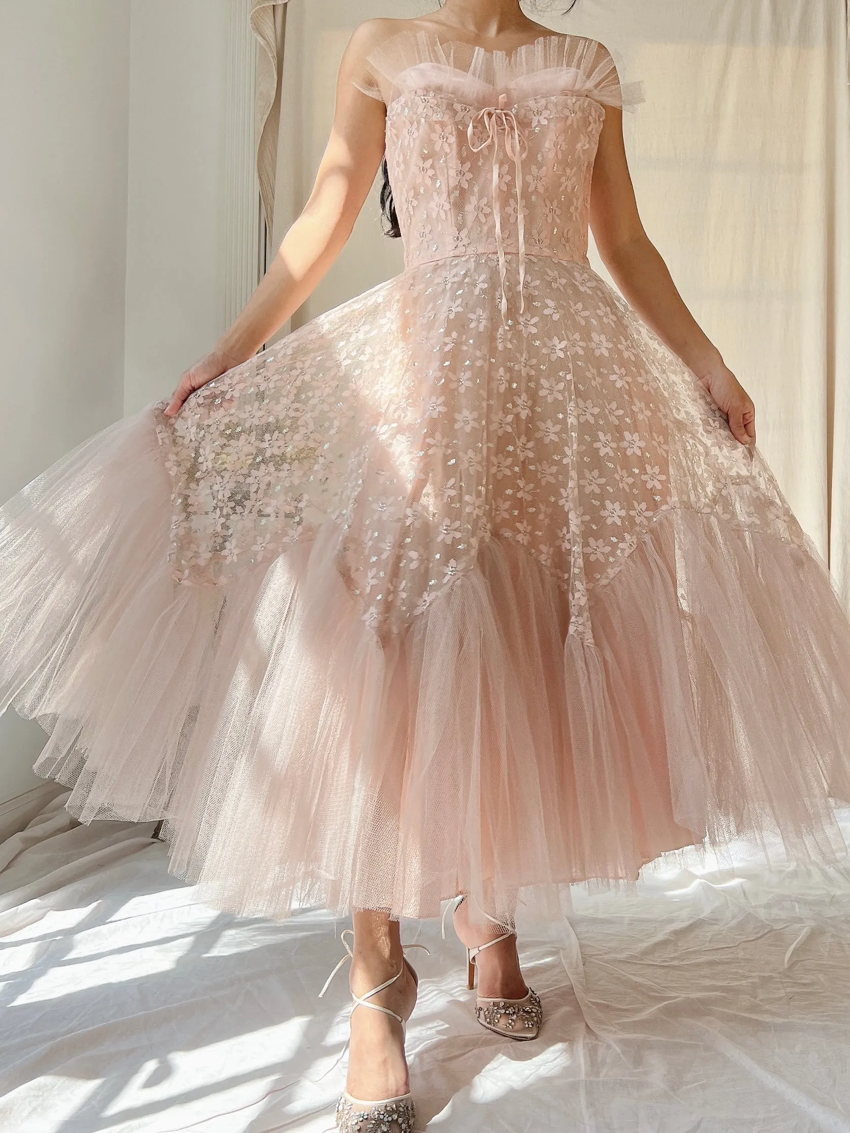 1950s Dusty Pink Tulle and Lace Dress - XS