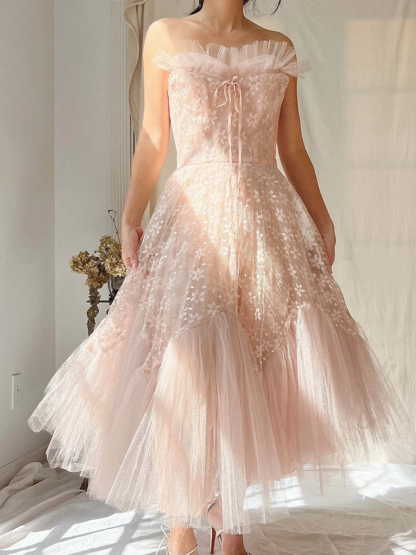 1950s Dusty Pink Tulle and Lace Dress - XS