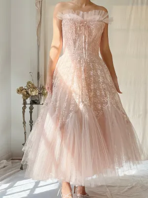 1950s Dusty Pink Tulle and Lace Dress - XS