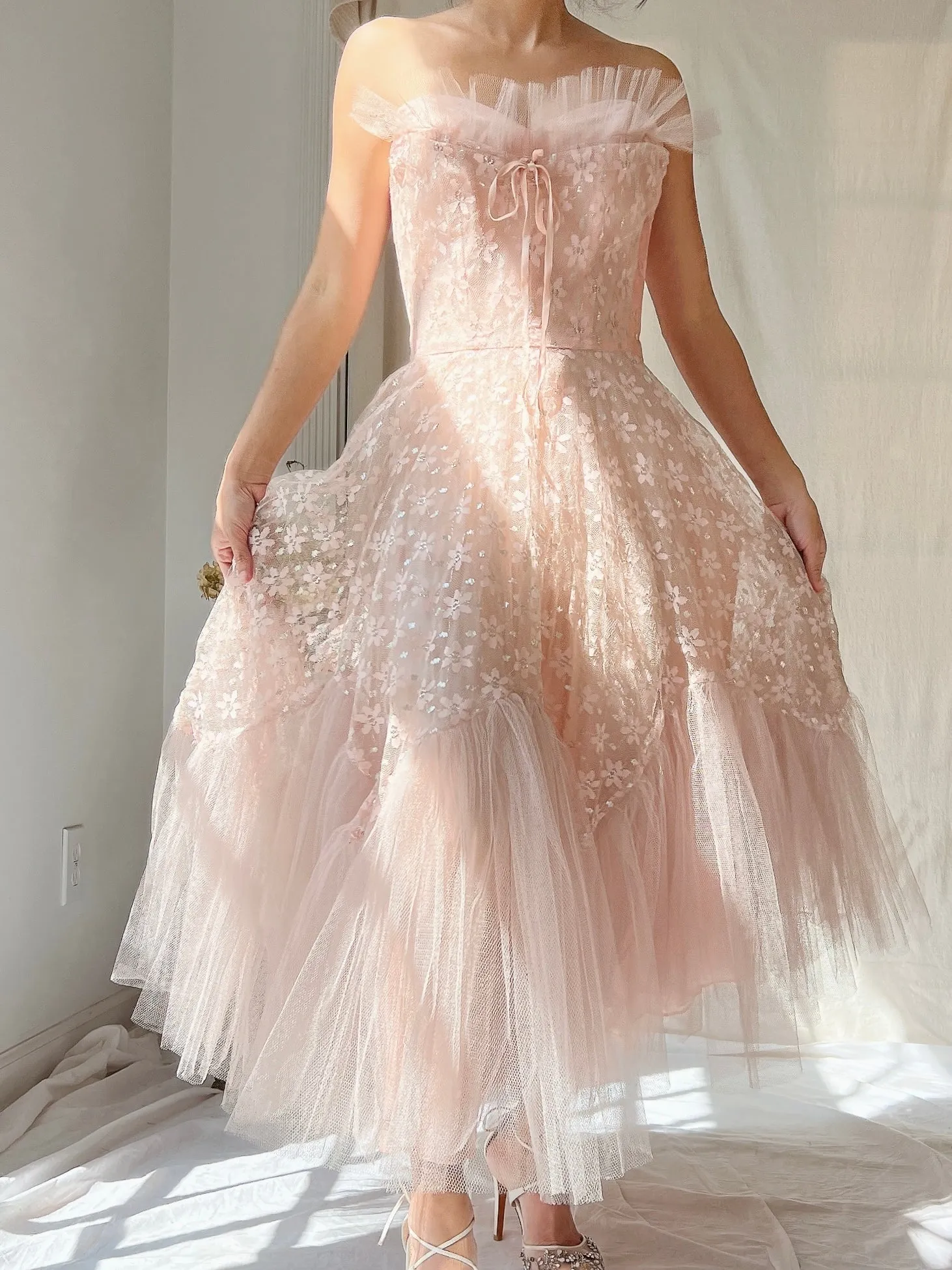 1950s Dusty Pink Tulle and Lace Dress - XS