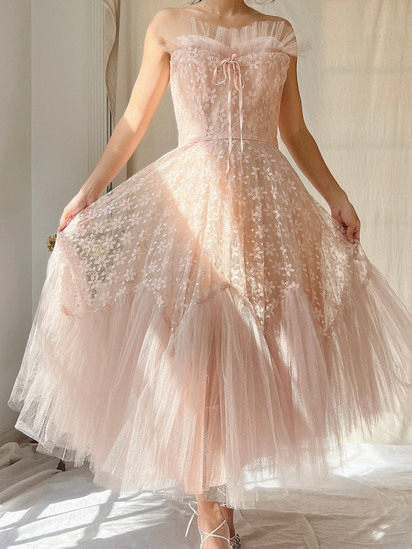 1950s Dusty Pink Tulle and Lace Dress - XS