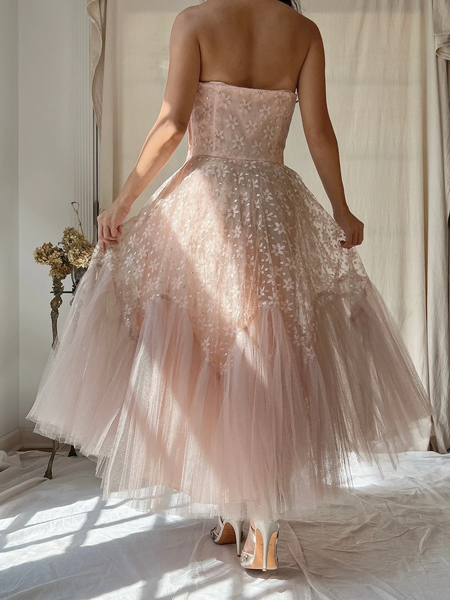 1950s Dusty Pink Tulle and Lace Dress - XS