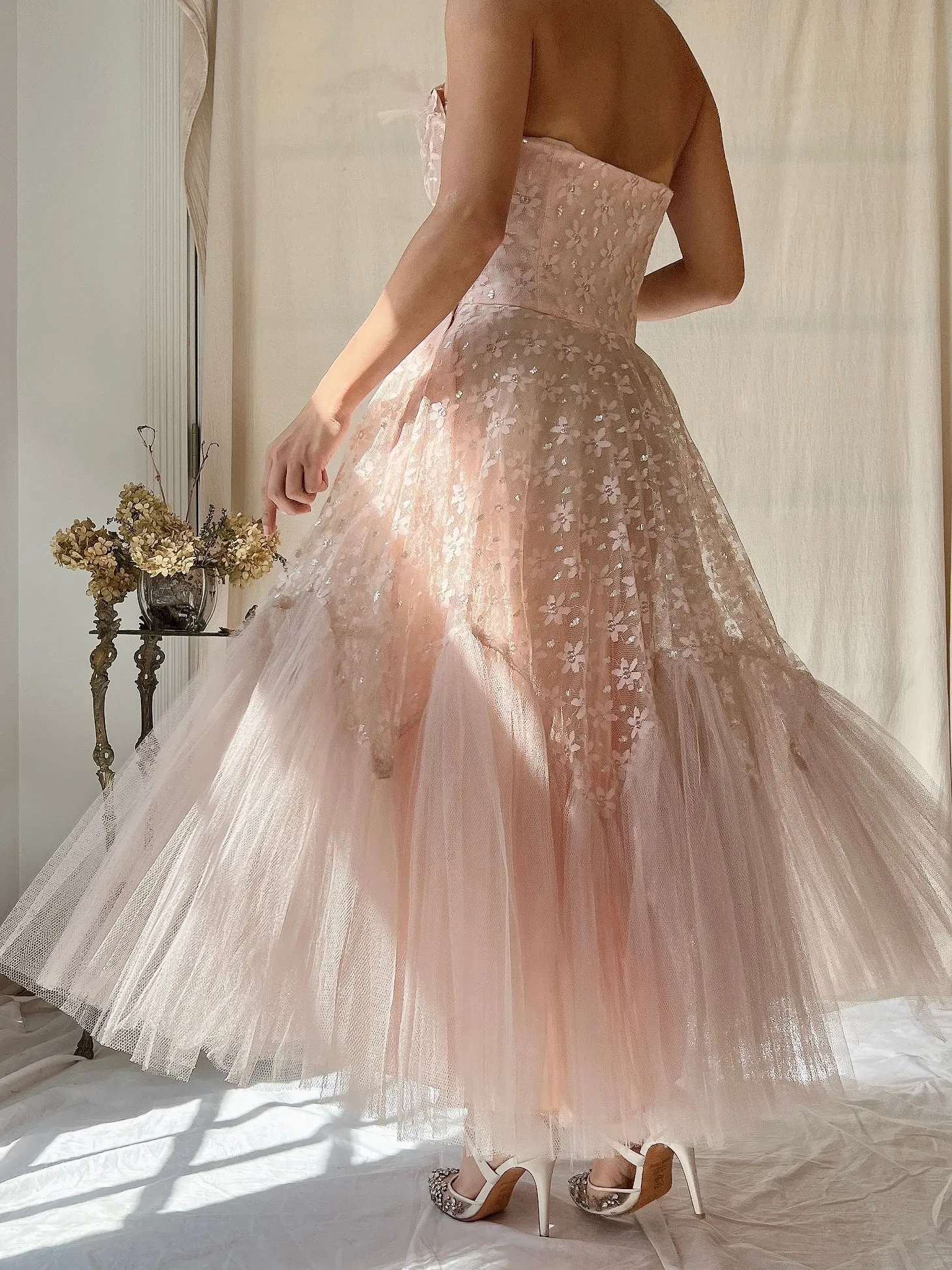 1950s Dusty Pink Tulle and Lace Dress - XS