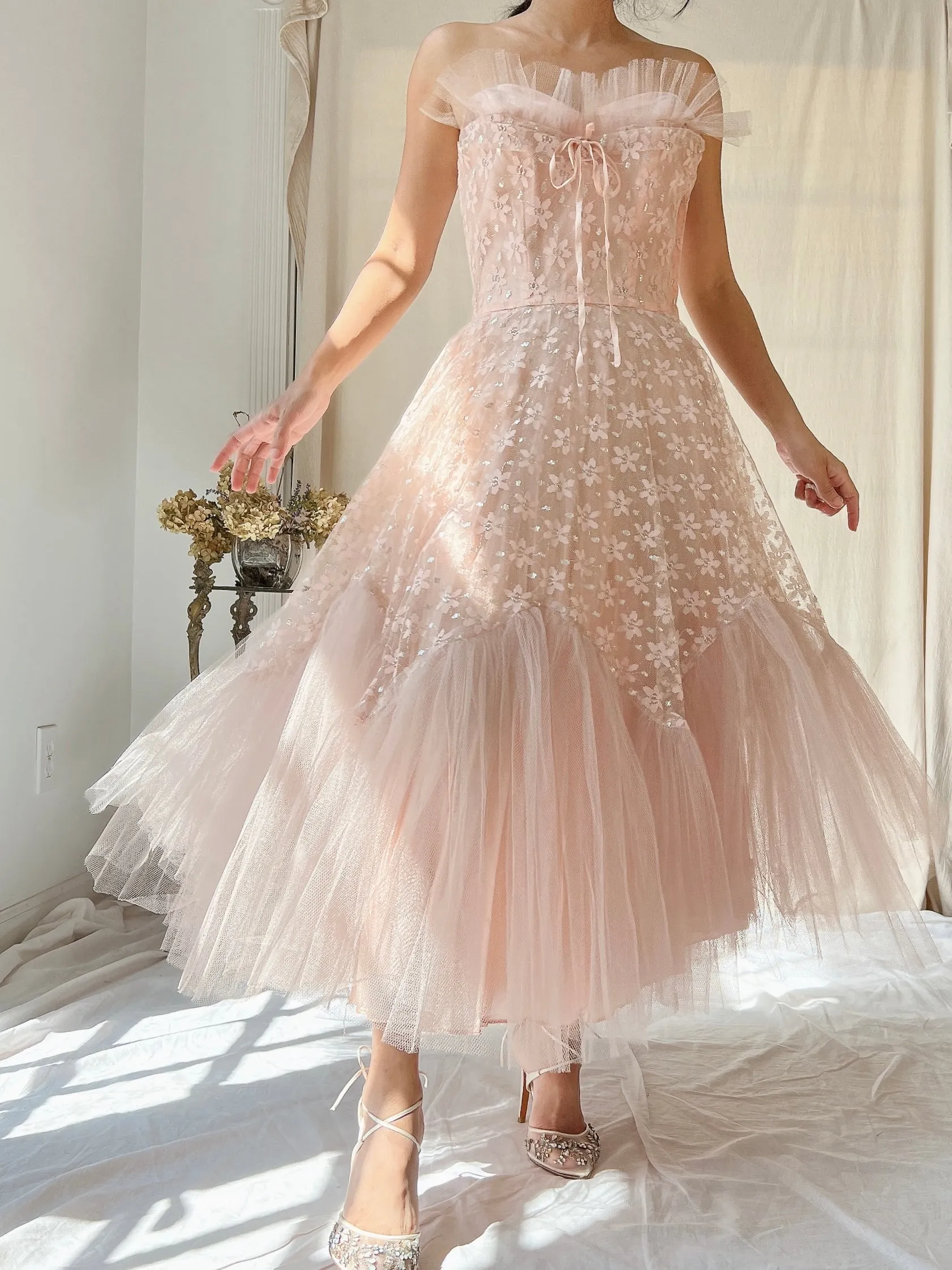 1950s Dusty Pink Tulle and Lace Dress - XS