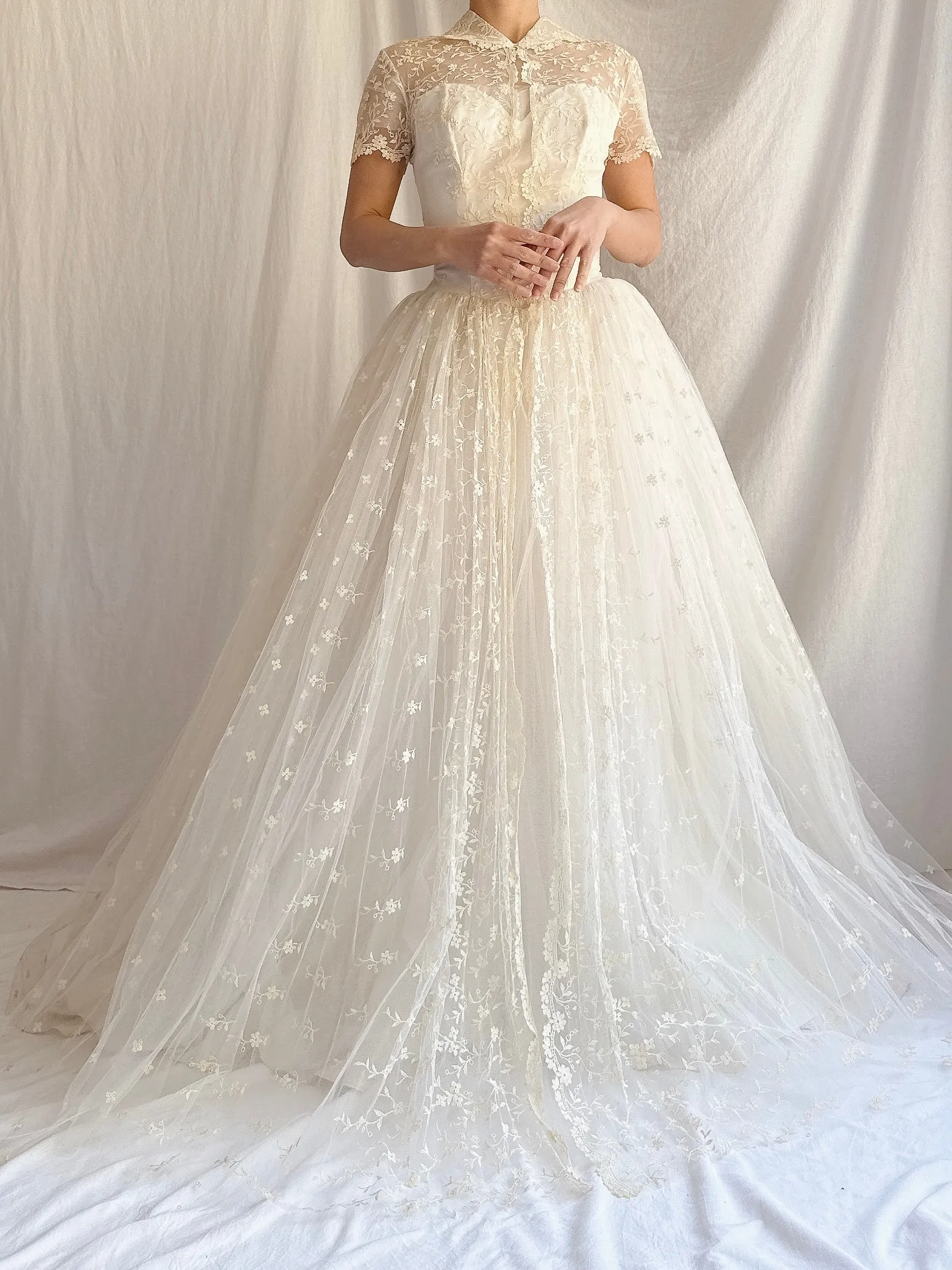 1950s Embroidered Tulle Dress - XS