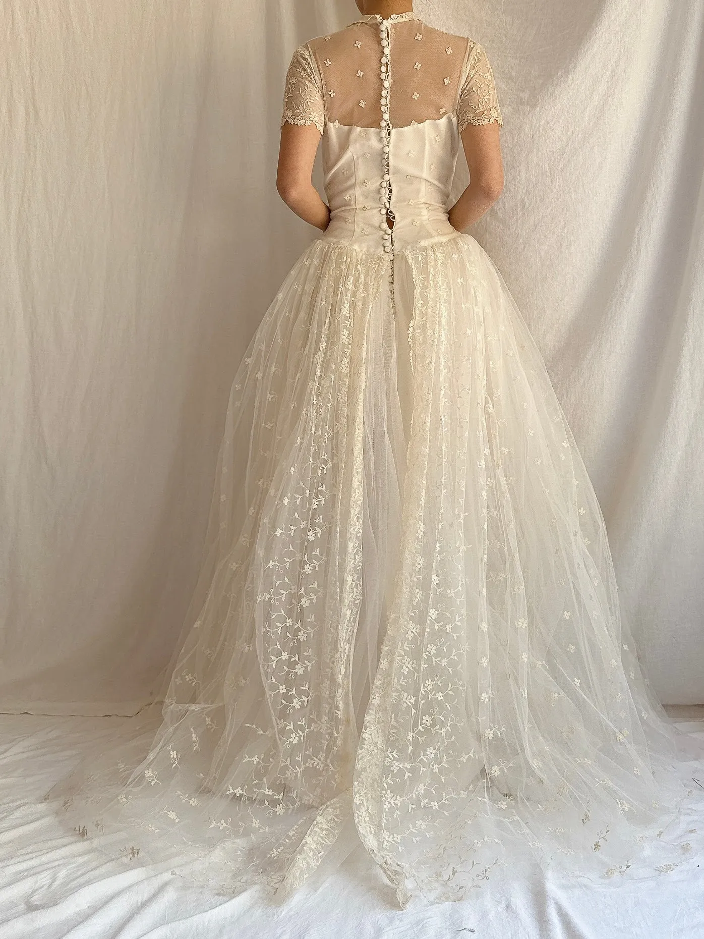 1950s Embroidered Tulle Dress - XS