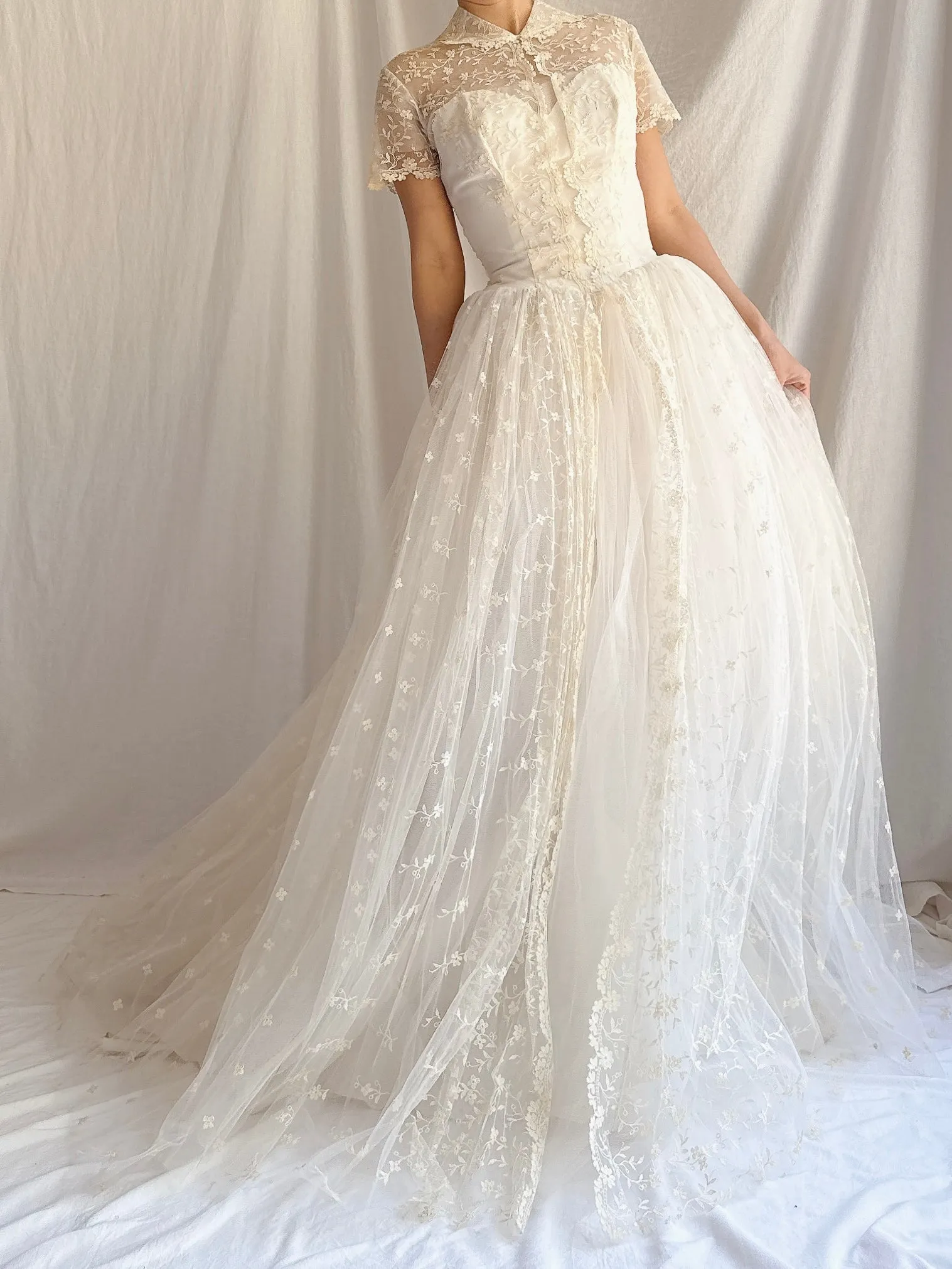 1950s Embroidered Tulle Dress - XS