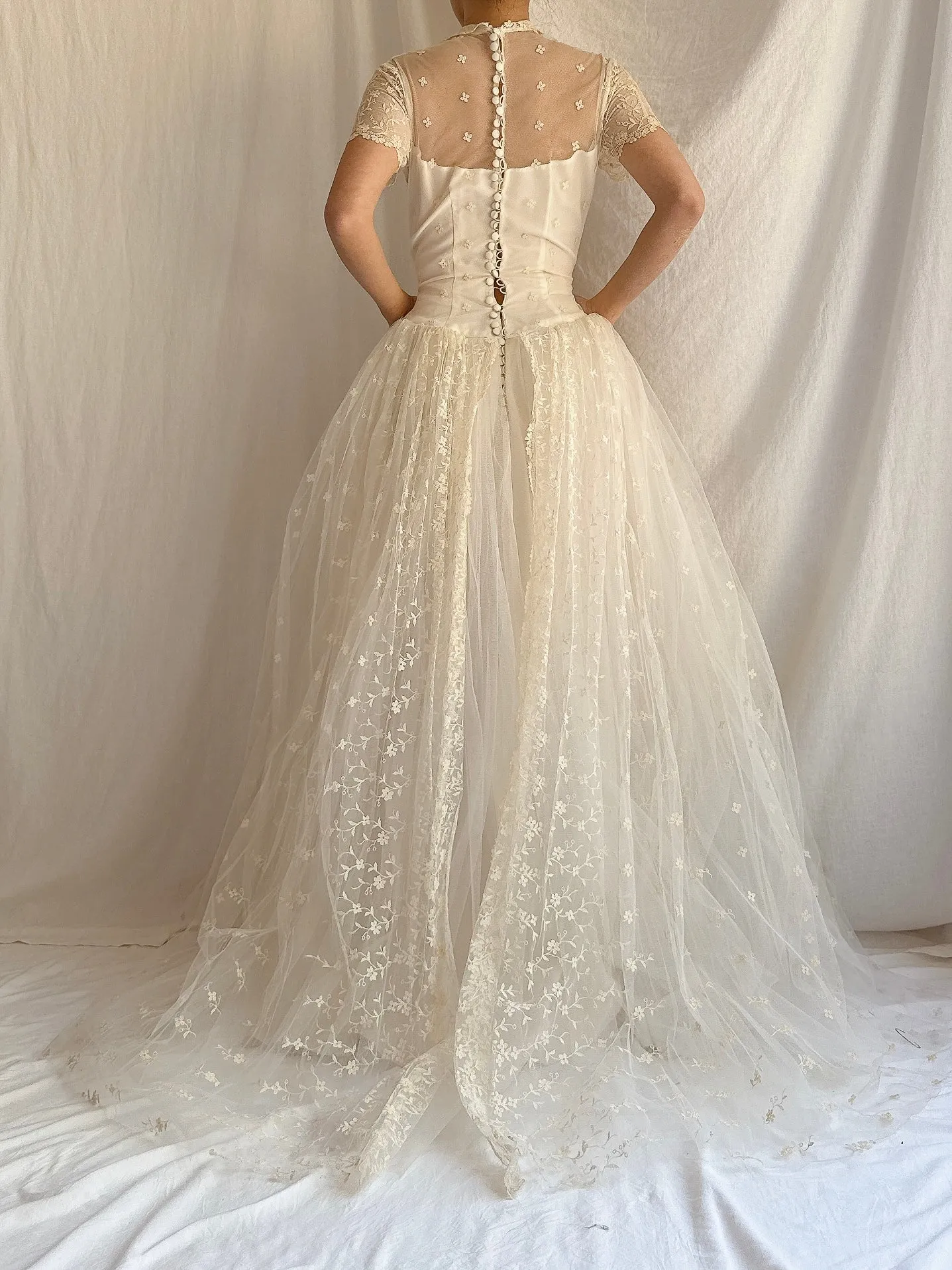 1950s Embroidered Tulle Dress - XS