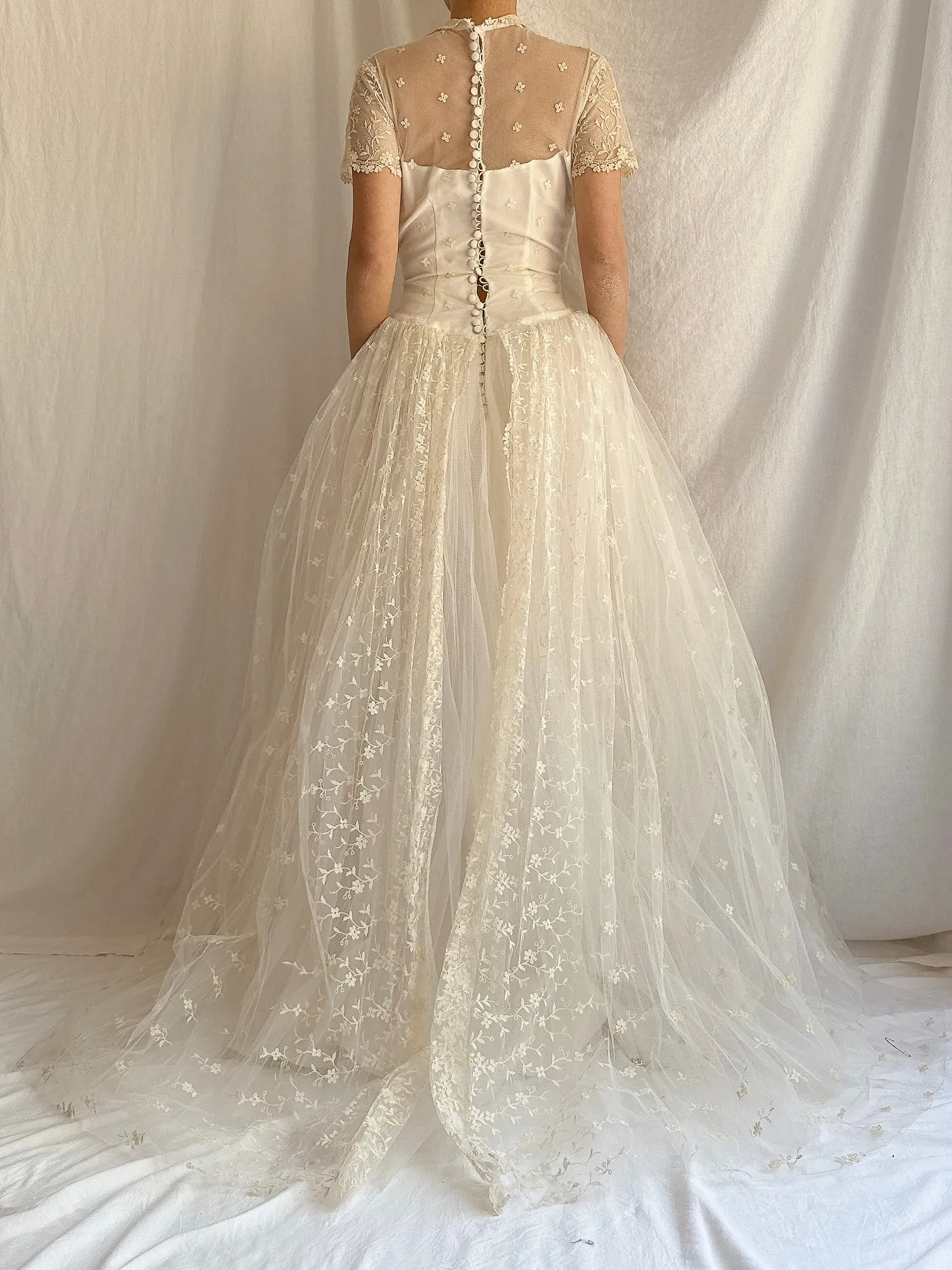 1950s Embroidered Tulle Dress - XS