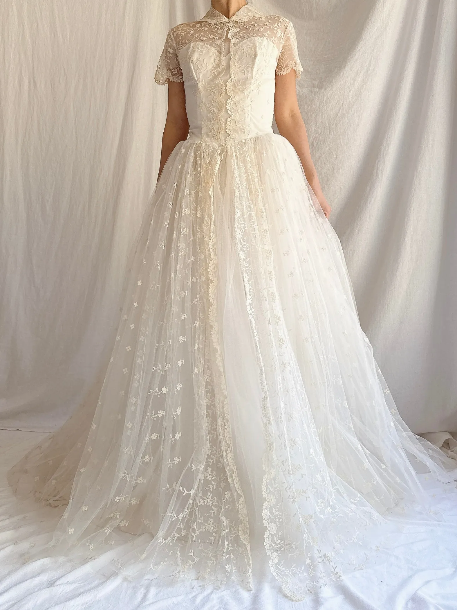 1950s Embroidered Tulle Dress - XS