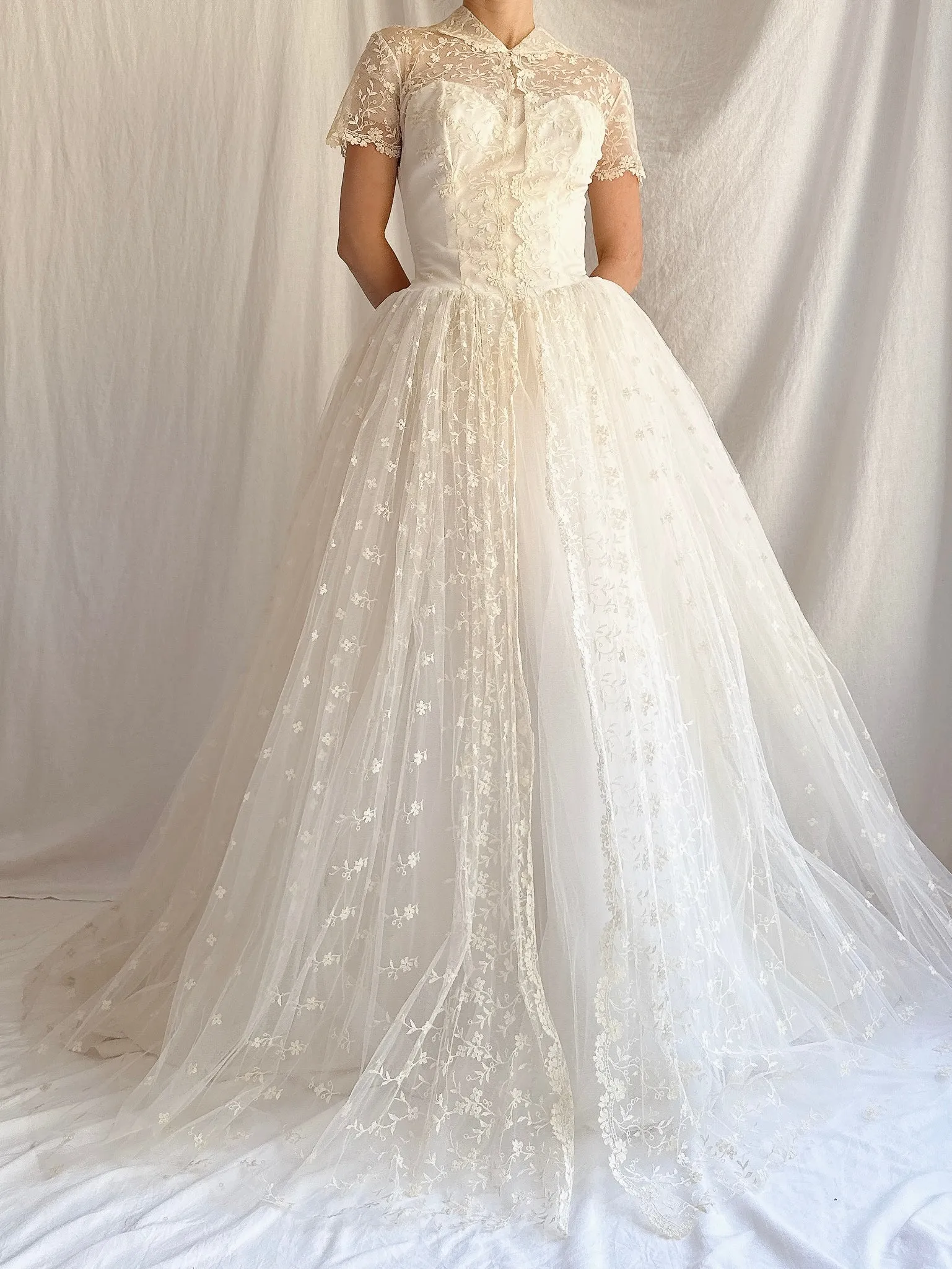 1950s Embroidered Tulle Dress - XS