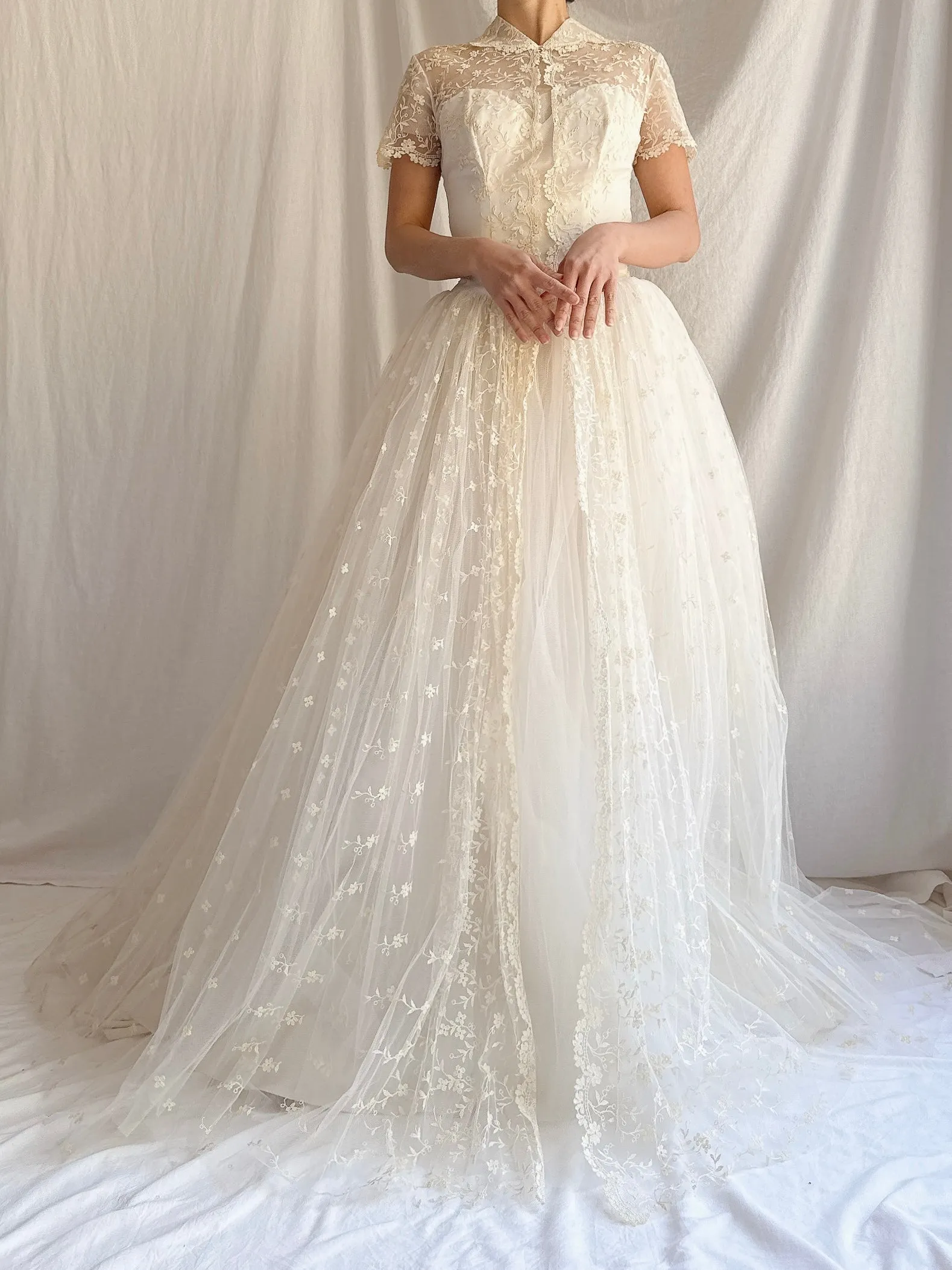 1950s Embroidered Tulle Dress - XS