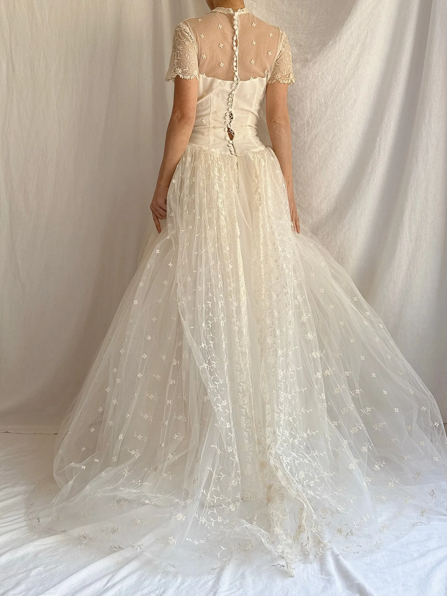 1950s Embroidered Tulle Dress - XS