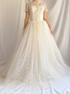 1950s Embroidered Tulle Dress - XS
