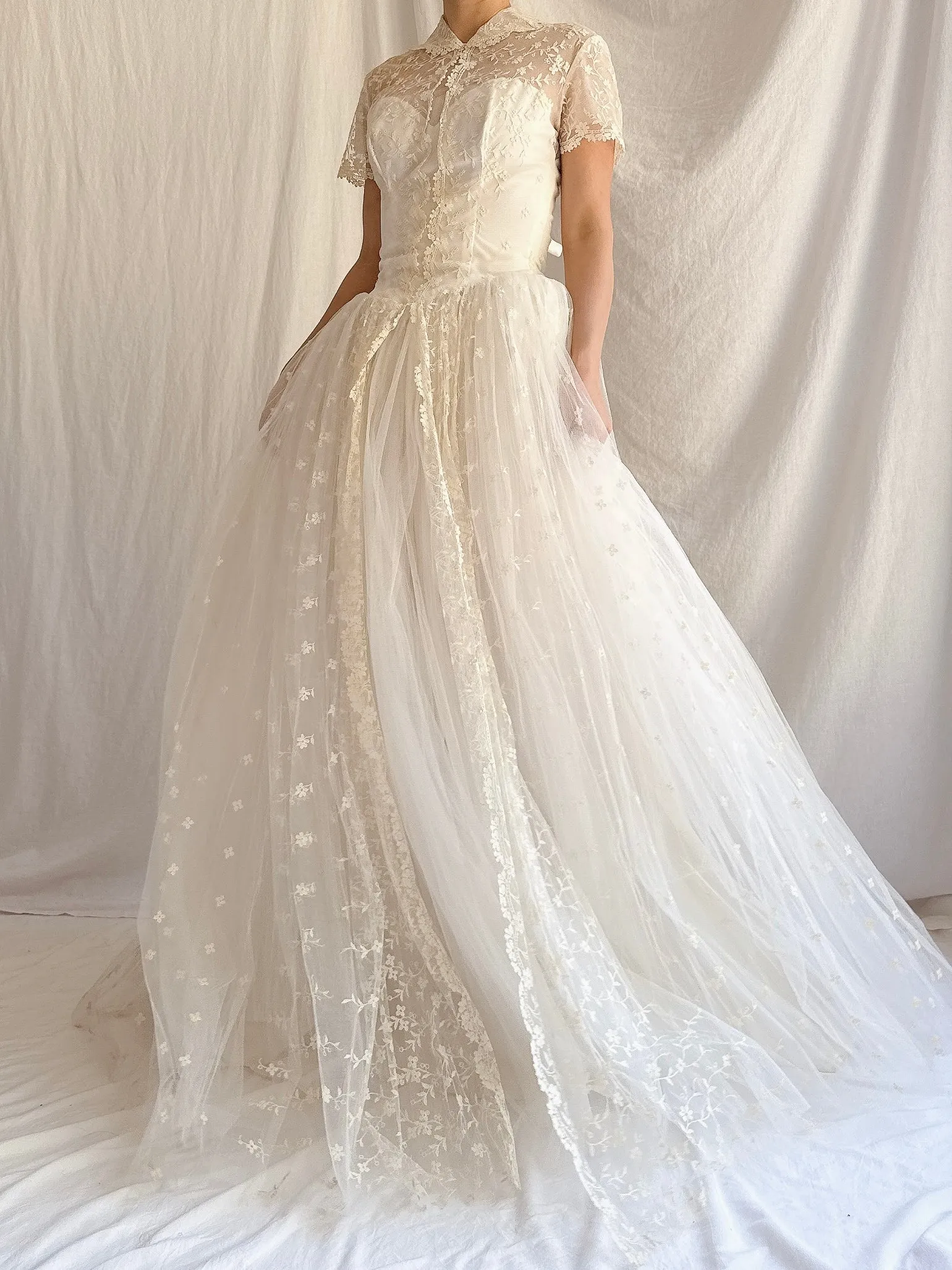 1950s Embroidered Tulle Dress - XS