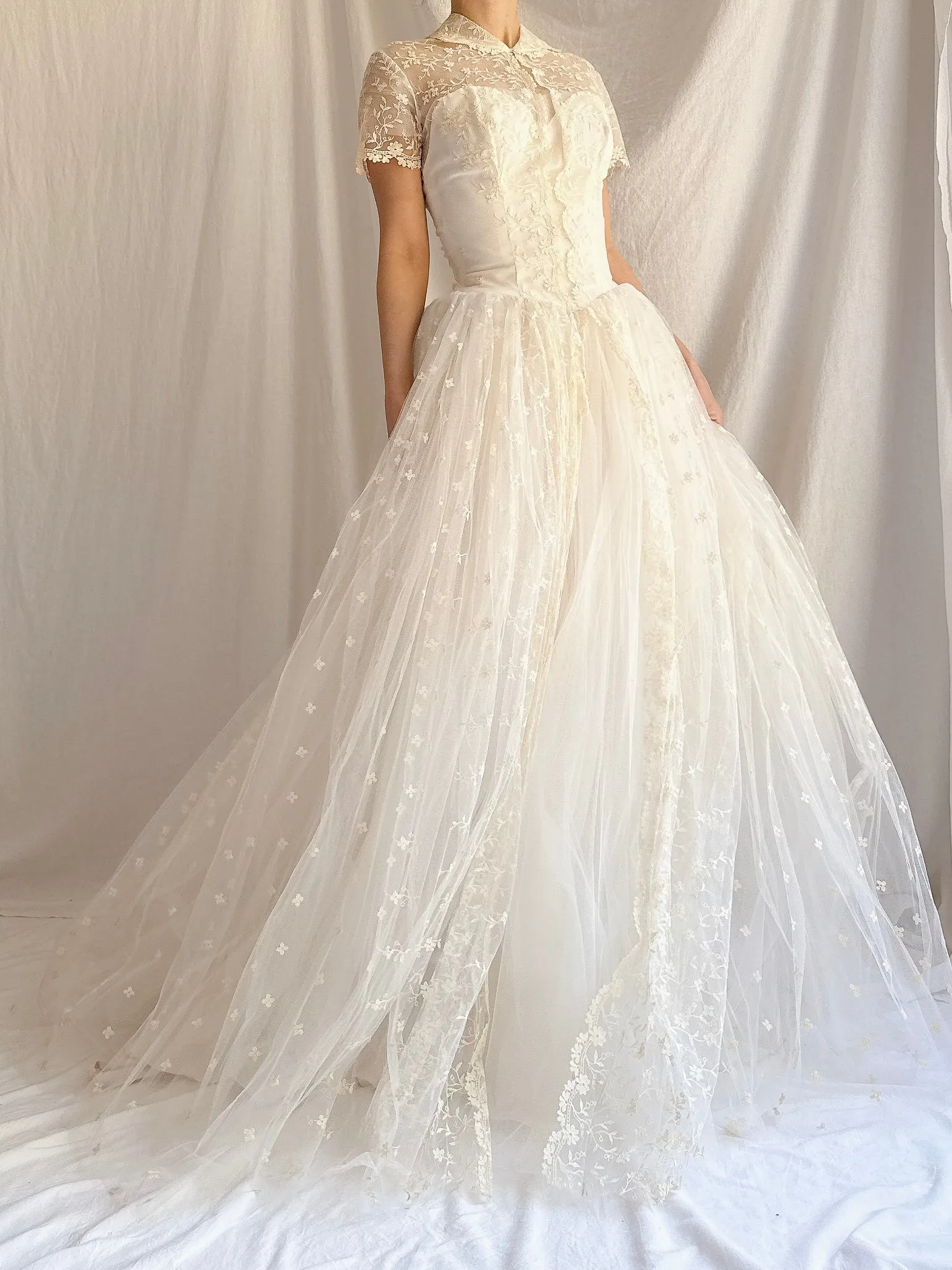1950s Embroidered Tulle Dress - XS